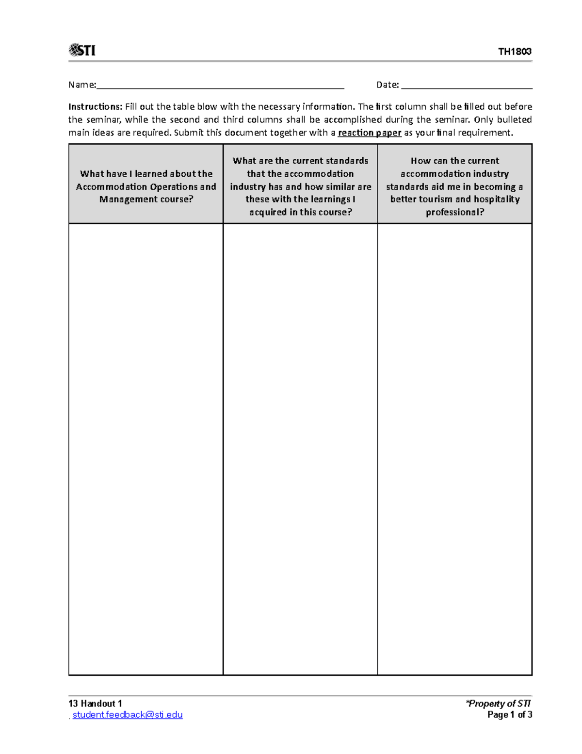 Accommodation 1 - ........................... - TH 13 Handout 1 student ...