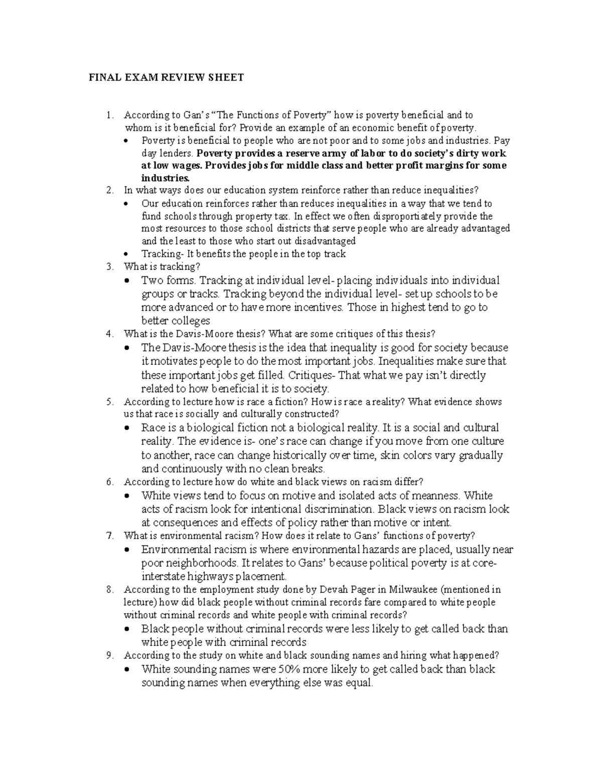 Sociology Final Exam - Exam Study Guide - FINAL EXAM REVIEW SHEET 1 ...