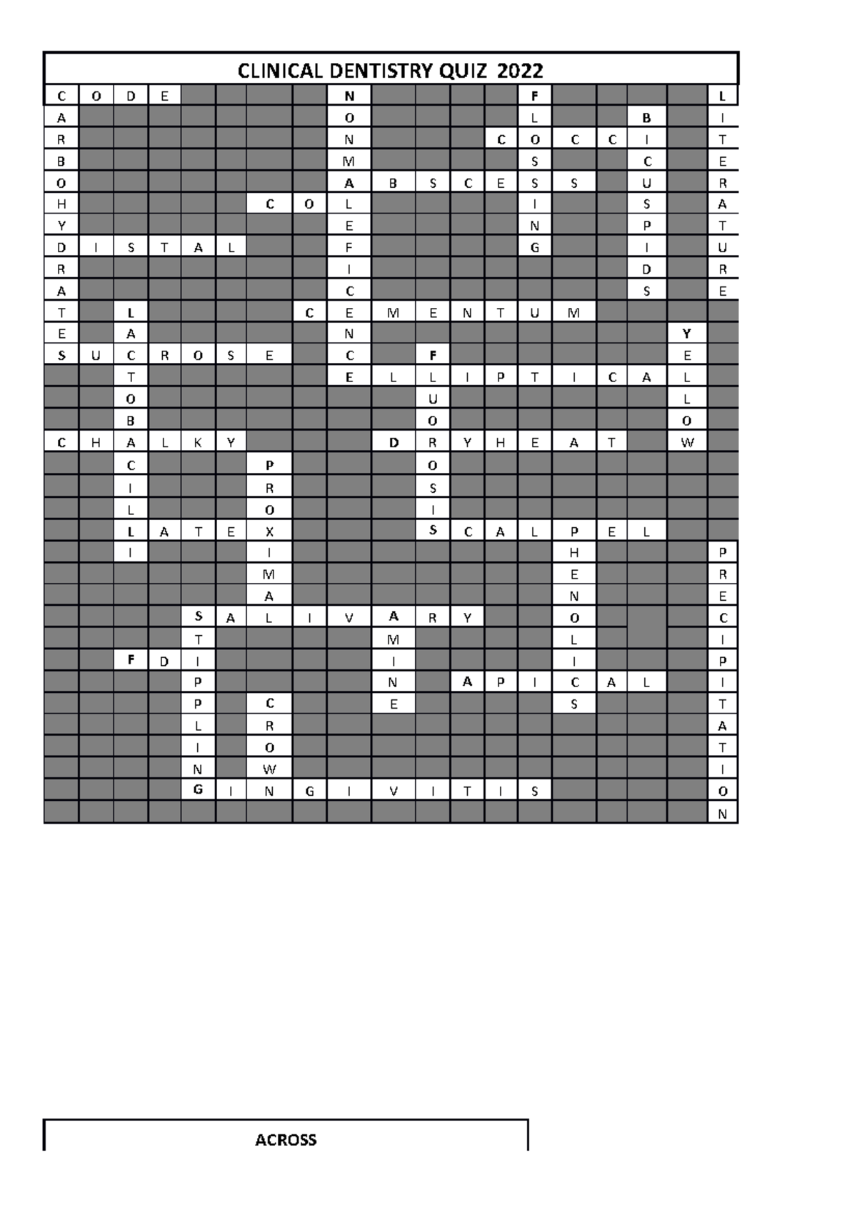 Crossword CLINICAL DENTISTRY QUIZ 2022 C O D E N F L A O L B I R N C