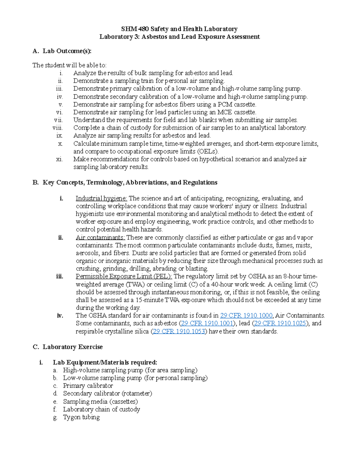 Laboratory 3 Instructions from Professor - SHM 480 Safety and Health ...