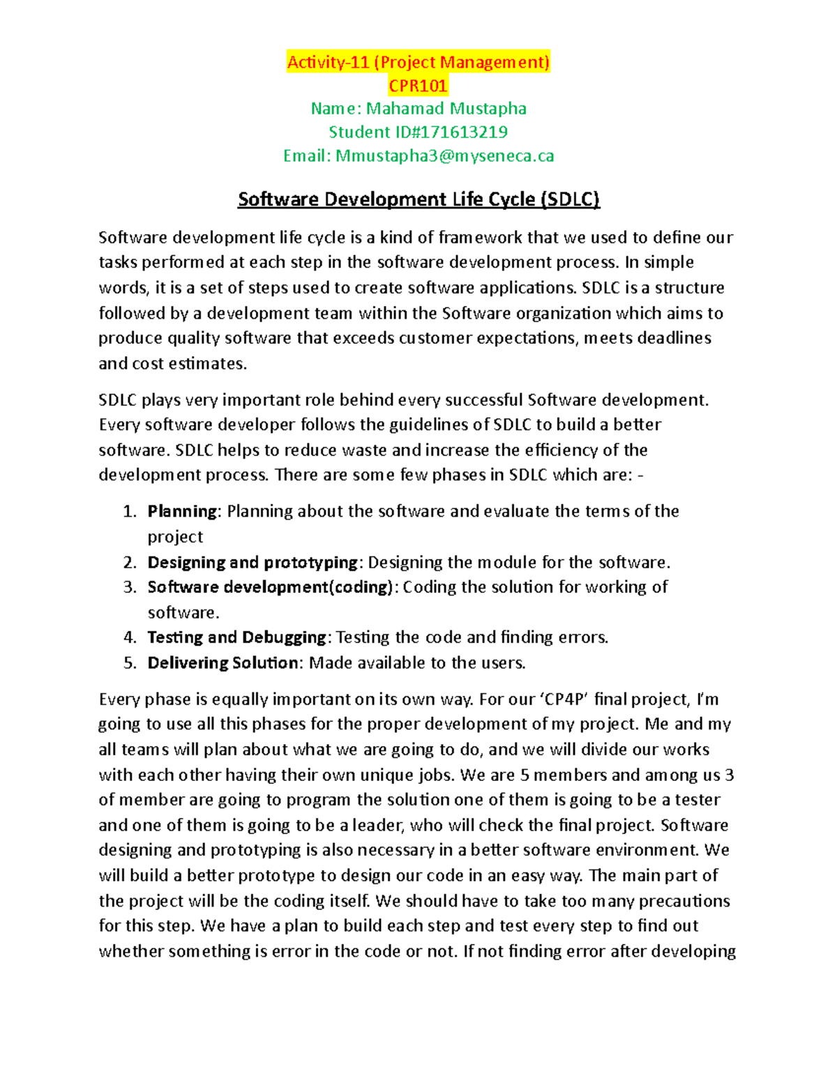 Software Development Life Cycle - Activity-11 (Project Management) CPR ...