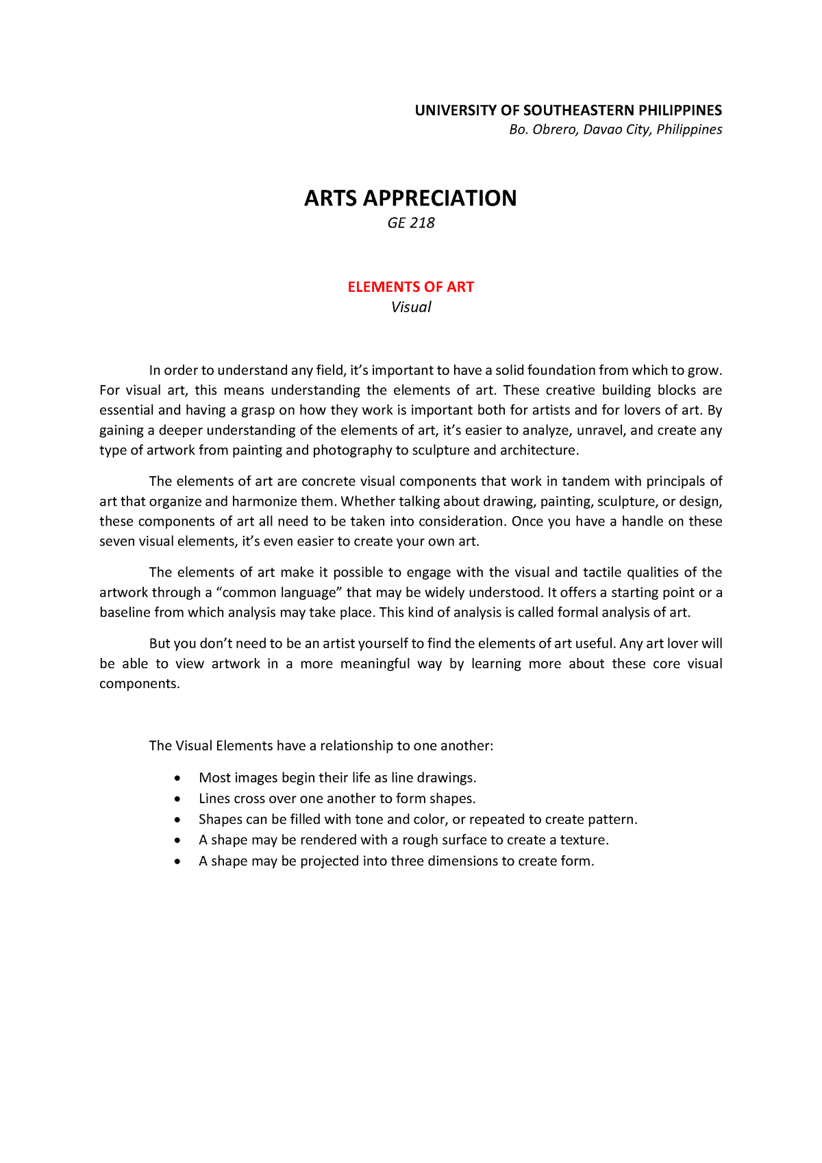 USe P Art Appreciation Visual Elements of Art - UNIVERSITY OF ...