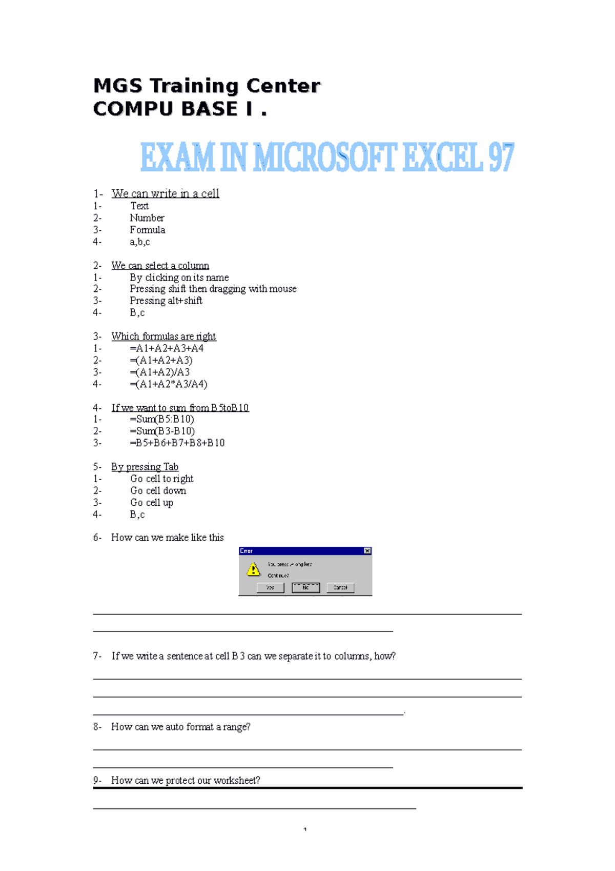 Exam in excel 1 - MGS Training CenterMGS Training Center COMPU BASE I ...