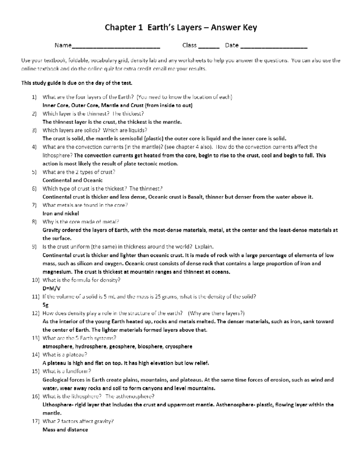 Chapter 1 Earth`s Layers – Answer Key - Chemical Engineering - Studocu