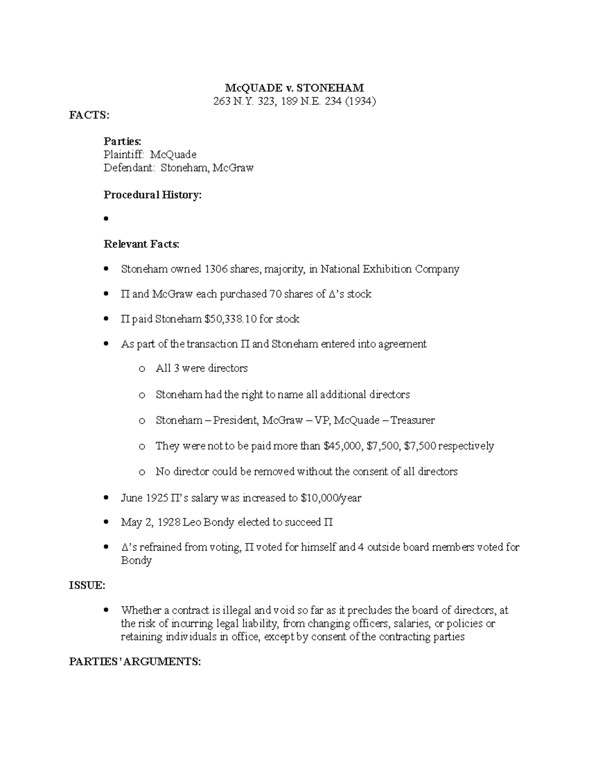 Mc Quade v. Stoneham Lecture notes 9 McQUADE v. STONEHAM 263 N. 323