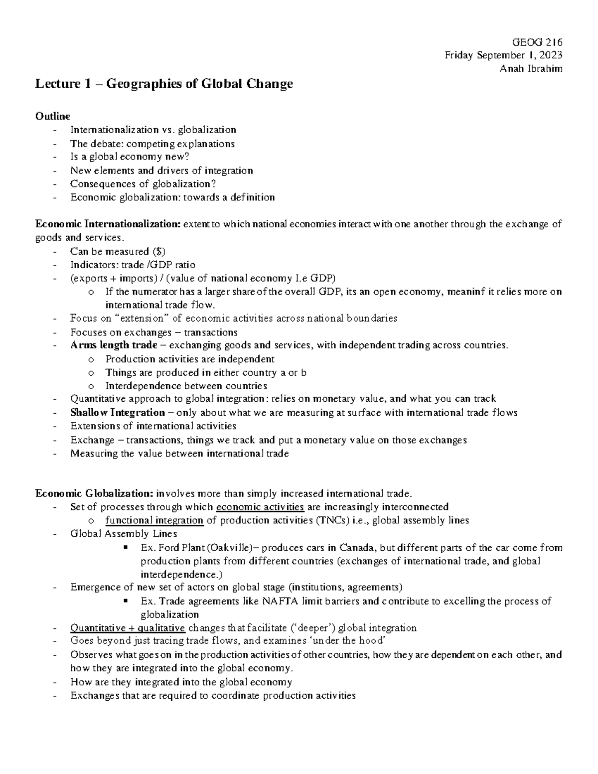 GEOG 216 - Lecture 1 Notes - Sept 1 2023 - GEOG 216 Friday September 1 ...