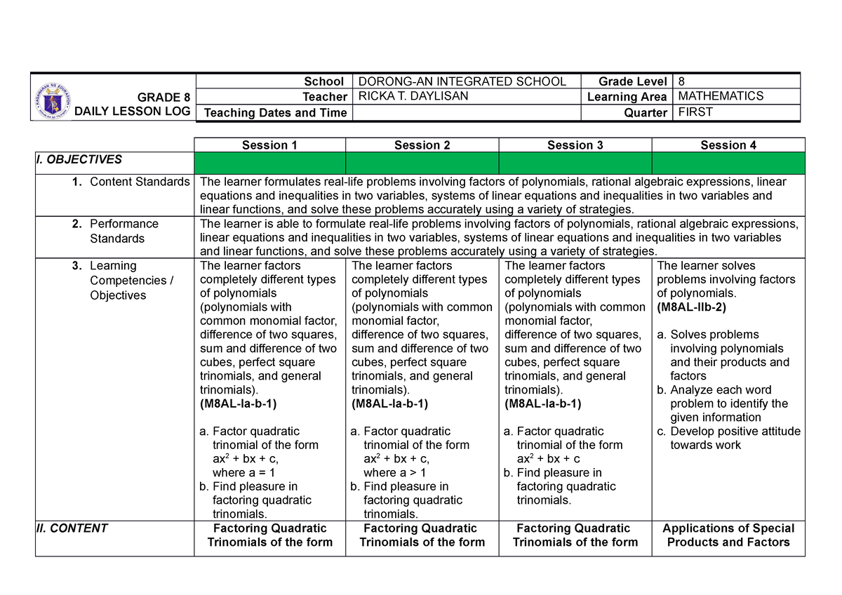 G8DLL Q1W2 LC01-02 - Hege - GRADE 8 DAILY LESSON LOG School DORONG-AN ...