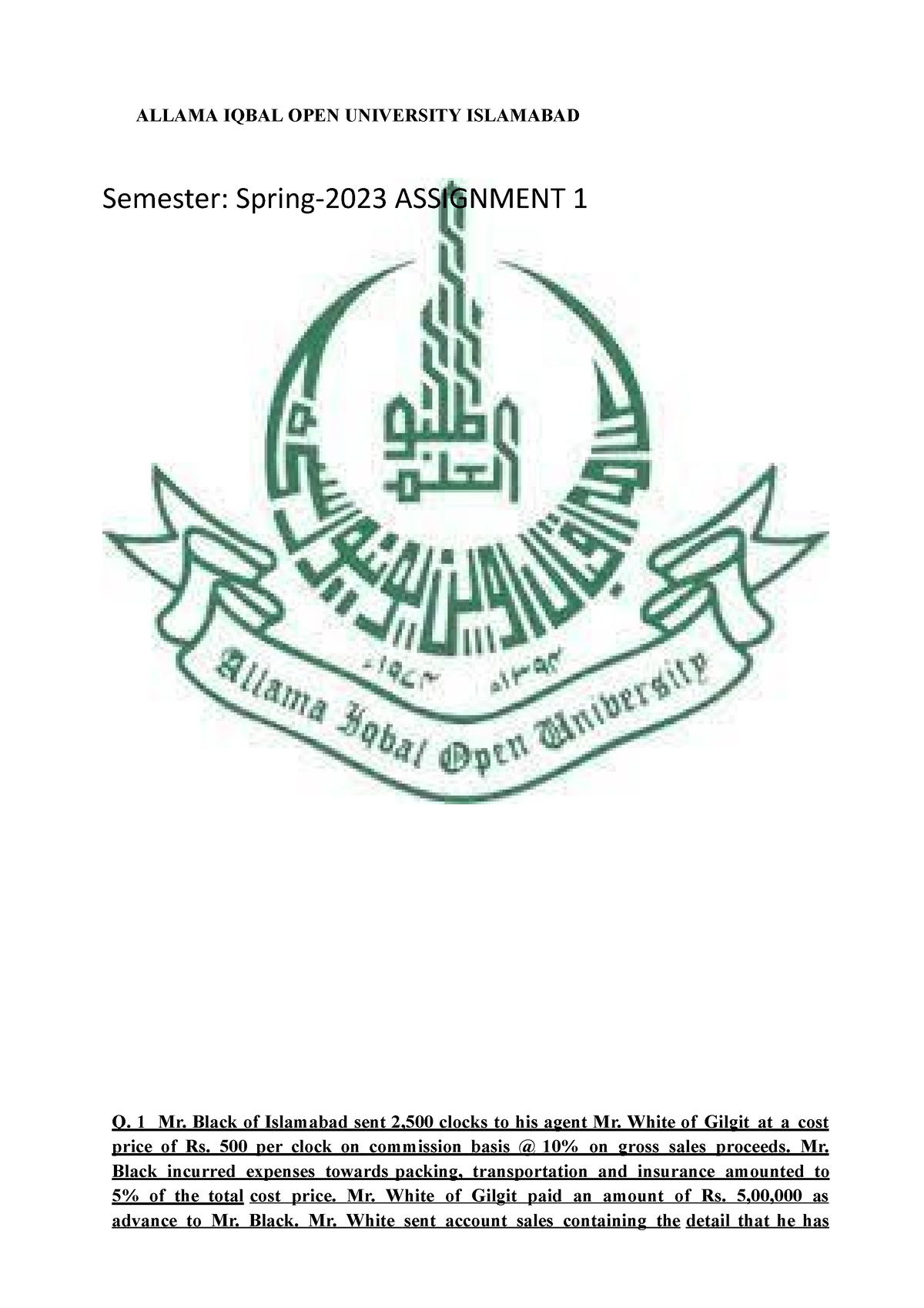 allama iqbal open university islamabad assignment