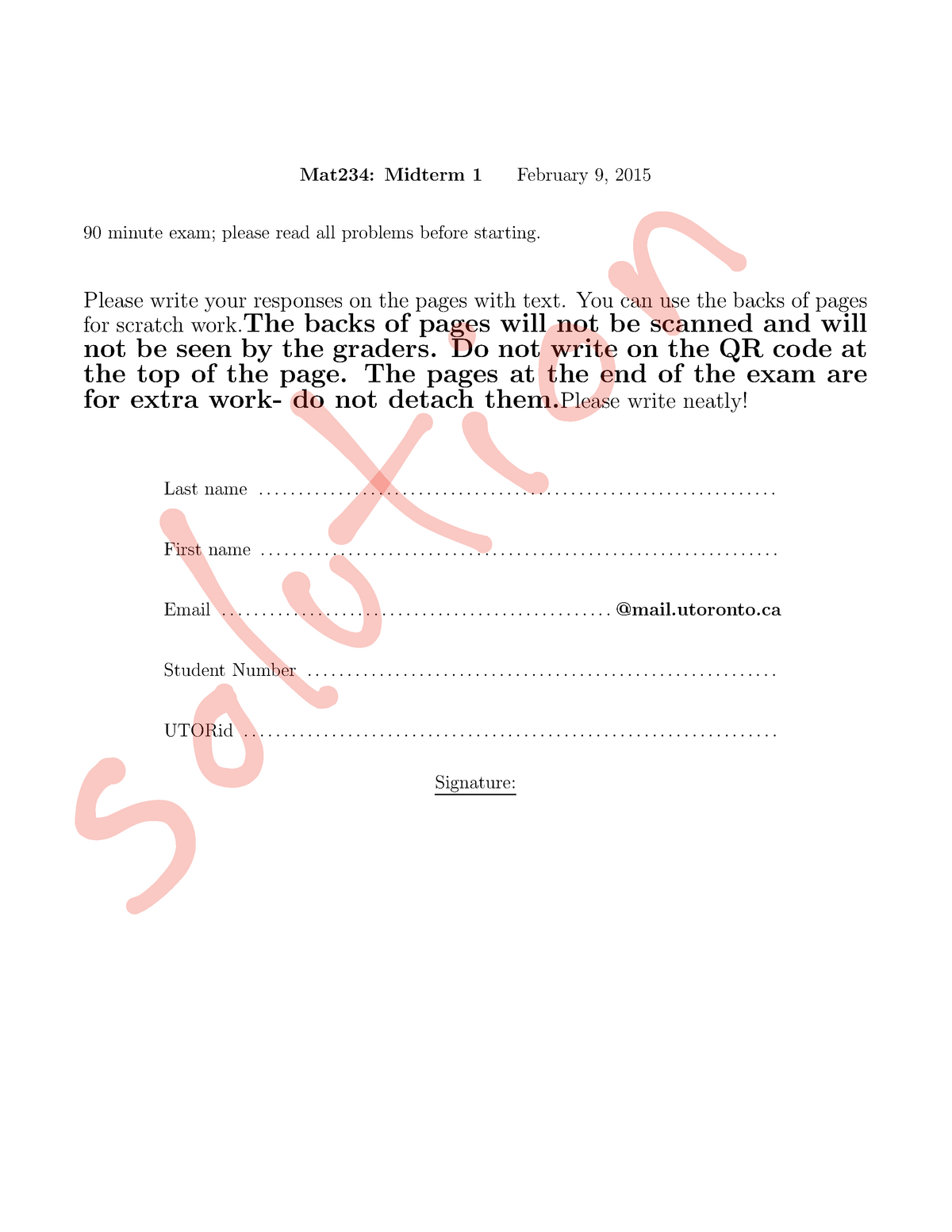 Exam 9 February 2015, questions and answers - Midterm - MAT234H1 Sns-Brigh10