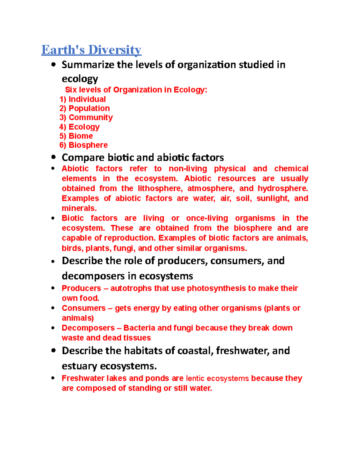 Biology DBA Earth's Diversity Summarize the levels of