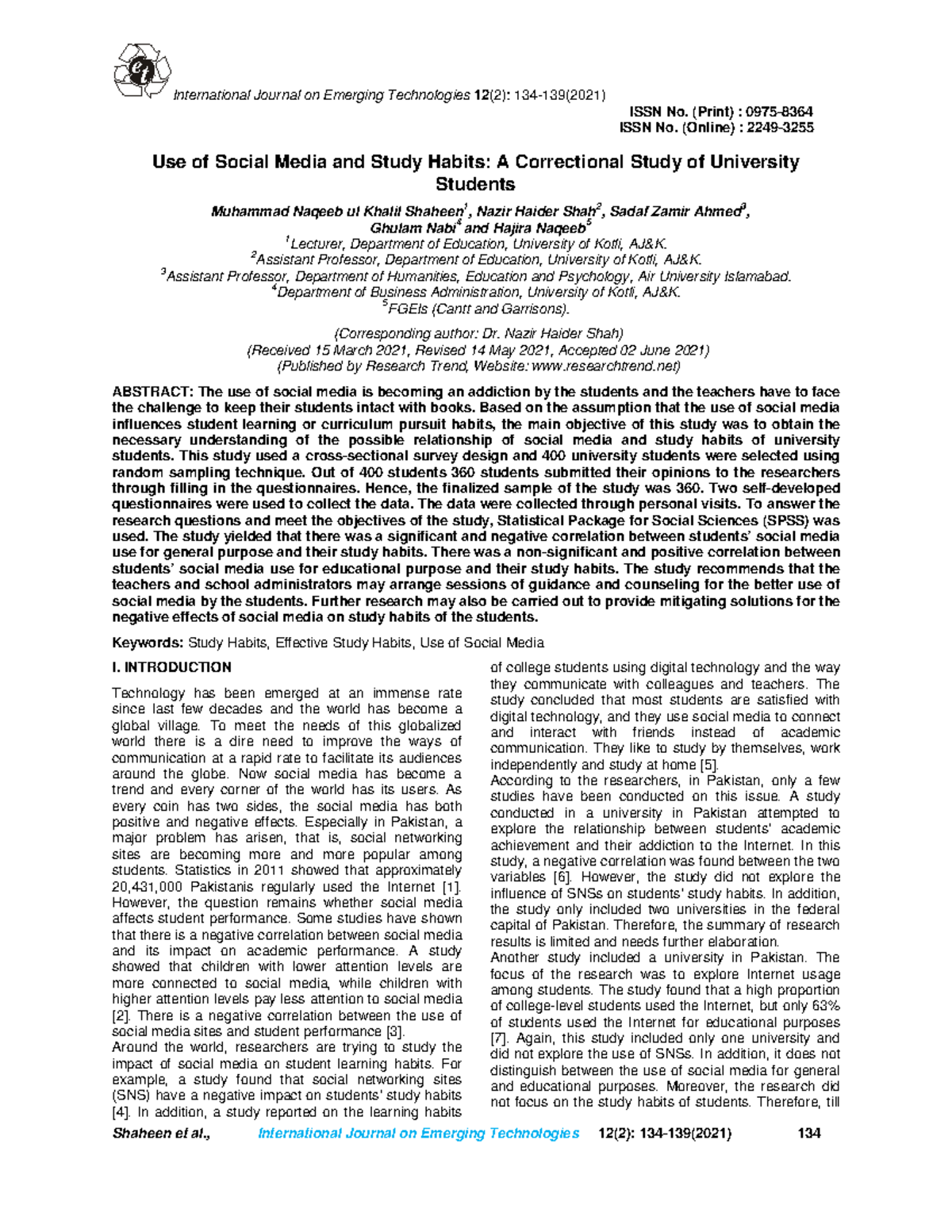 20 Use of Social Media and Study Habits A Correctional Study of ...