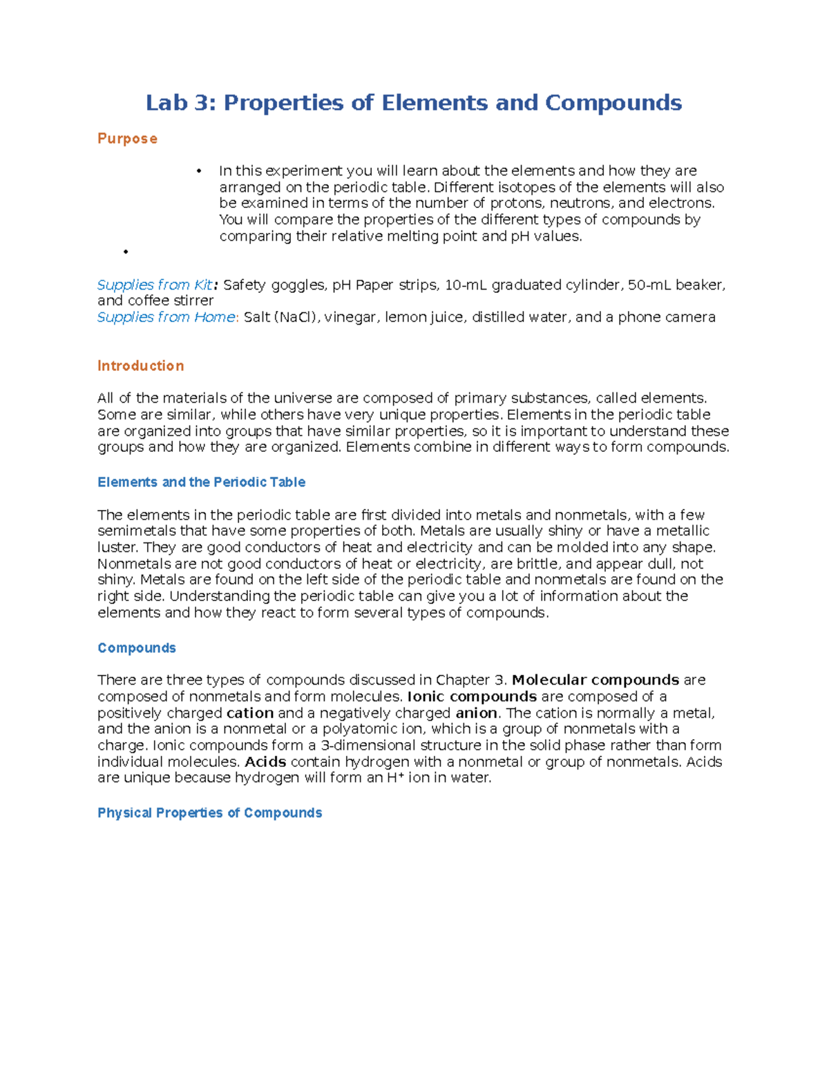 Lab 3 Properties of Compounds - Lab 3: Properties of Elements and ...