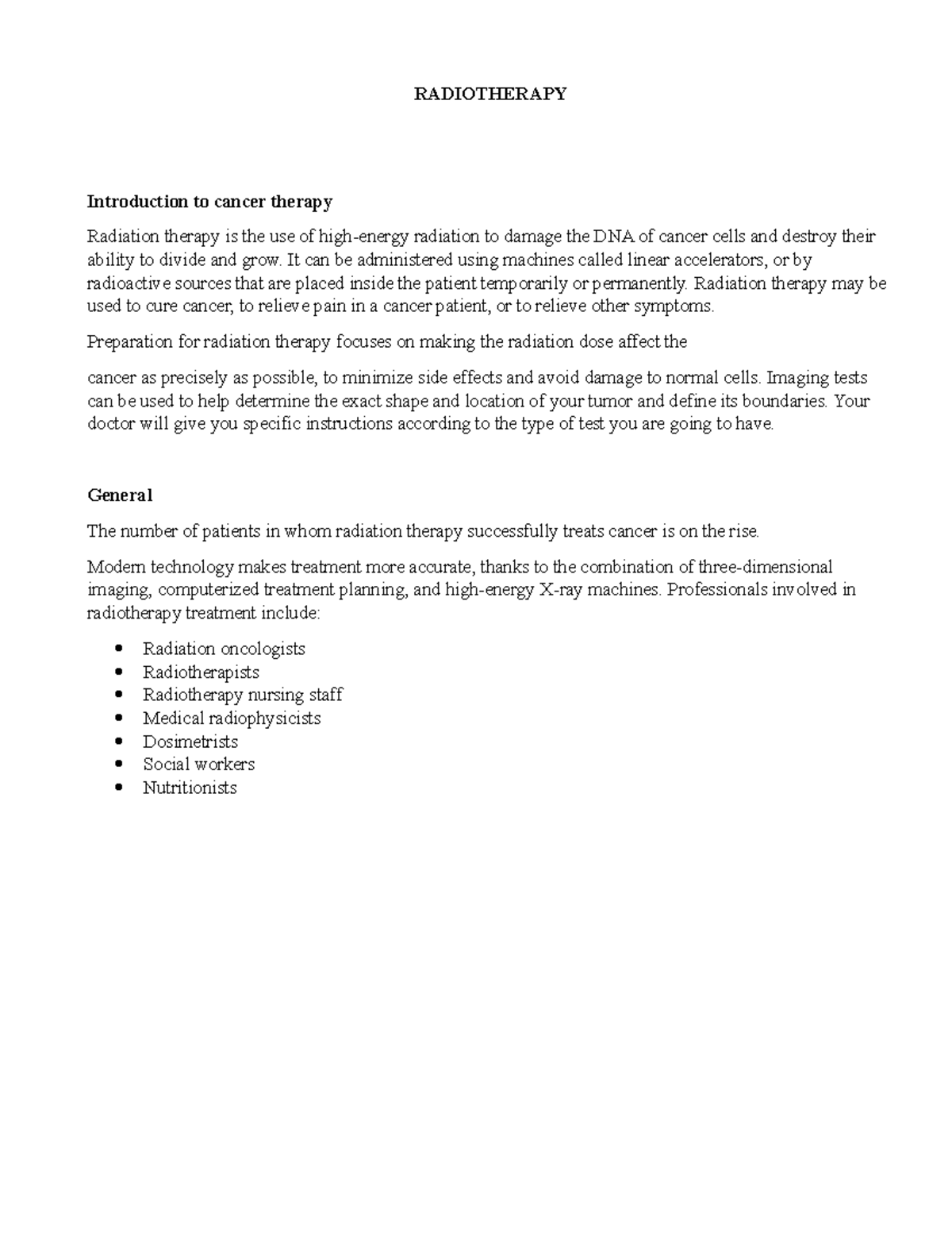 Radiotherapy - RADIOTHERAPY Introduction to cancer therapy Radiation ...