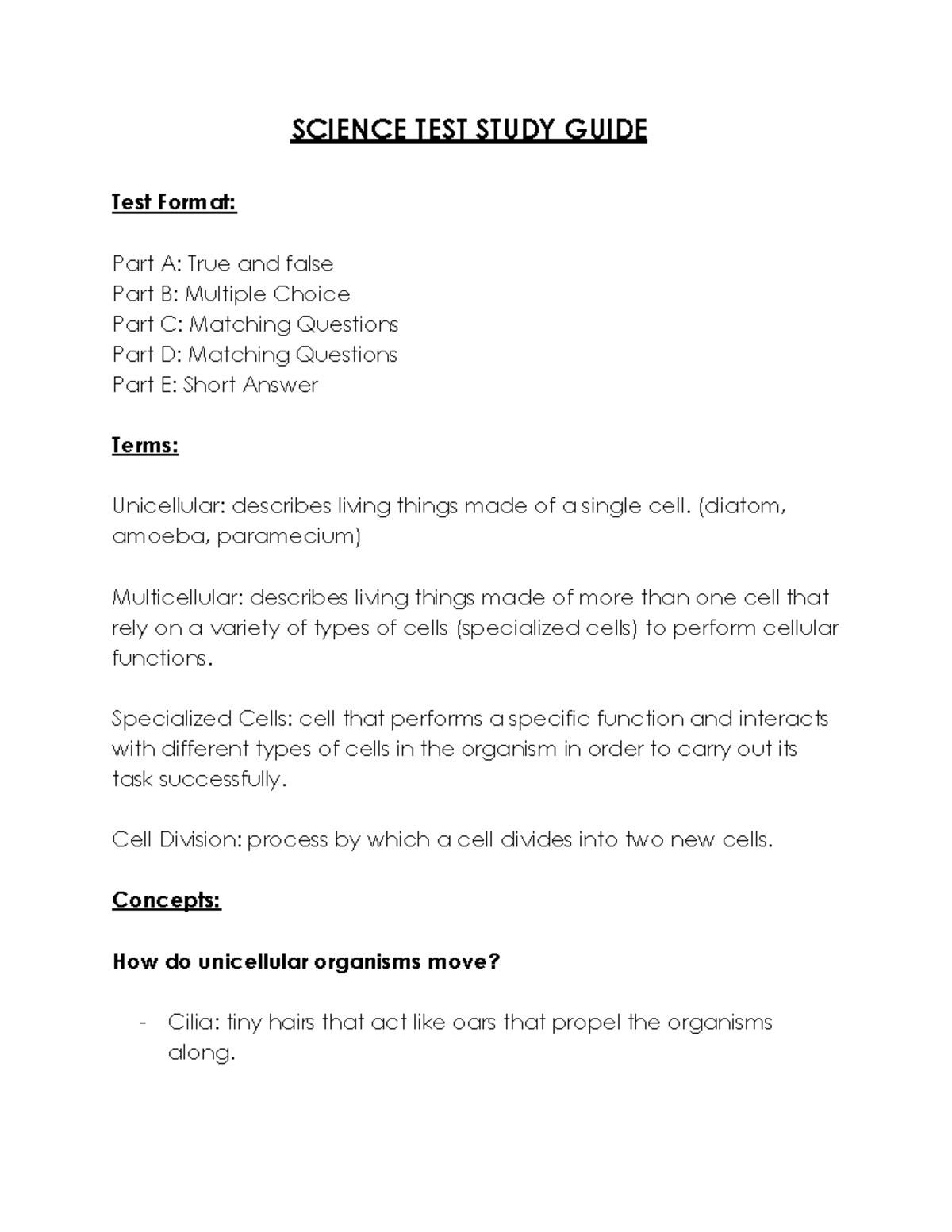 Science TEST Study Guide - SCIENCE TEST STUDY GUIDE Test Format: Part A ...