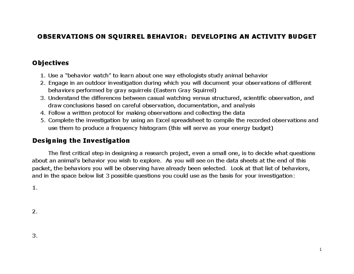 Squirrel Observation Sheets Fall 2021 OBSERVATIONS ON SQUIRREL