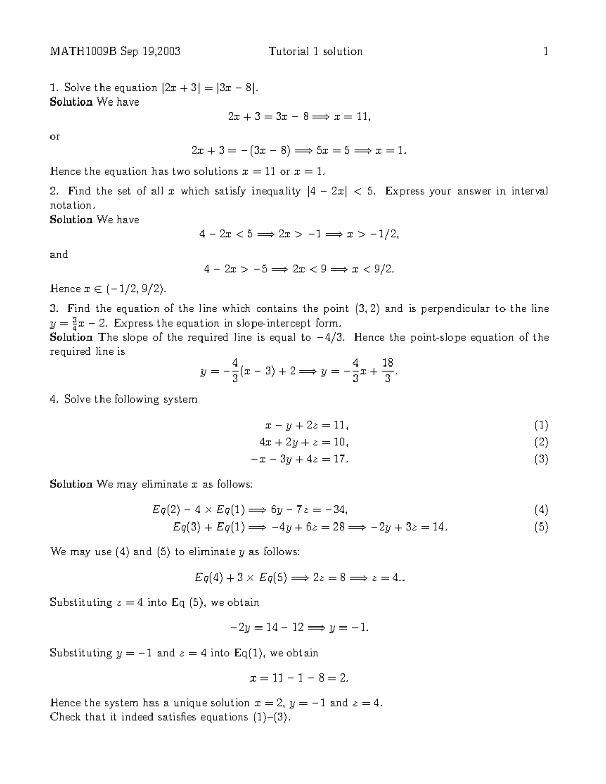 Tut01sol - Notes - MATH1009B Sep 19,2003 Tutorial 1 solution 1 Solve ...