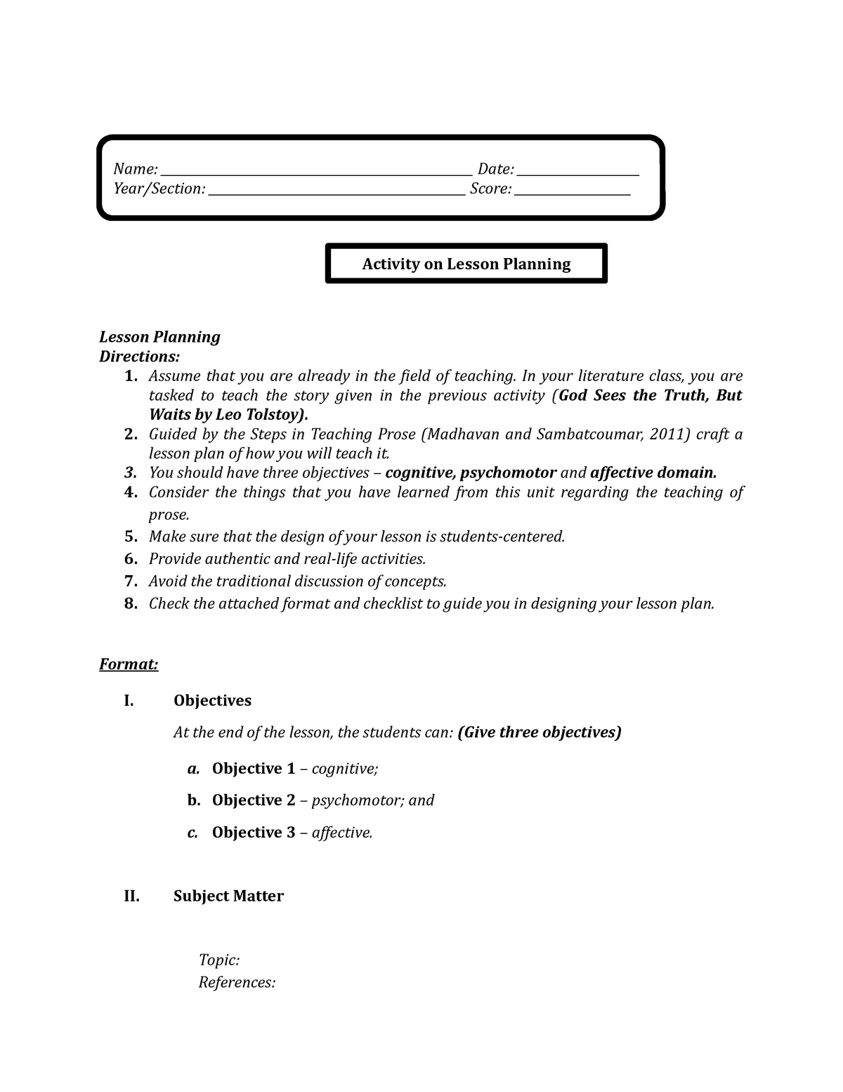 SEE 19 Lesson Planning Final Paper For Mid Terms Lesson Planning 