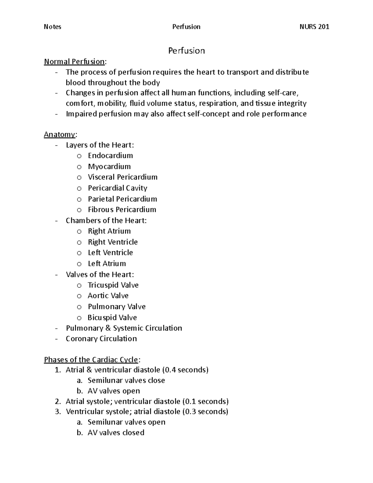 Perfusion Outline Notes - Notes Perfusion NURS 201 Perfusion Normal ...