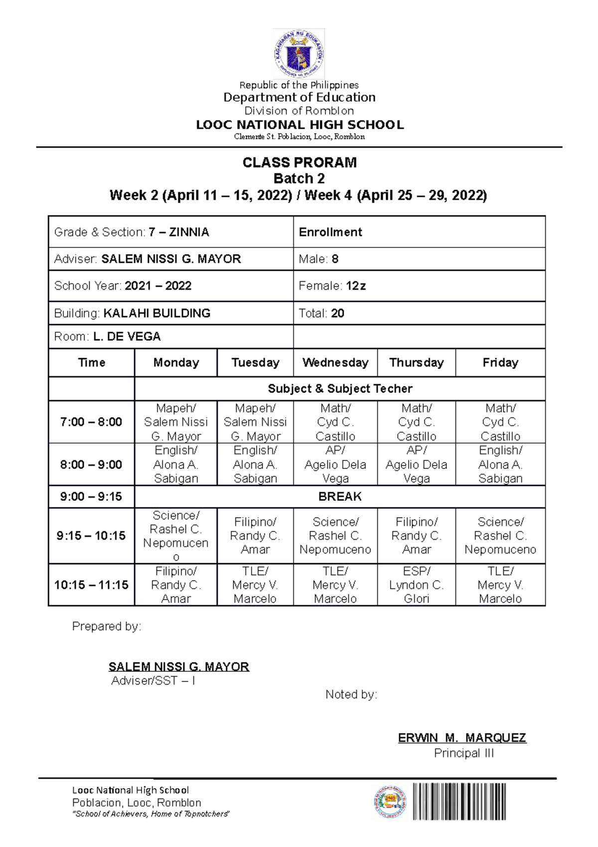 Class Proram - health - Republic of the Philippines Department of ...