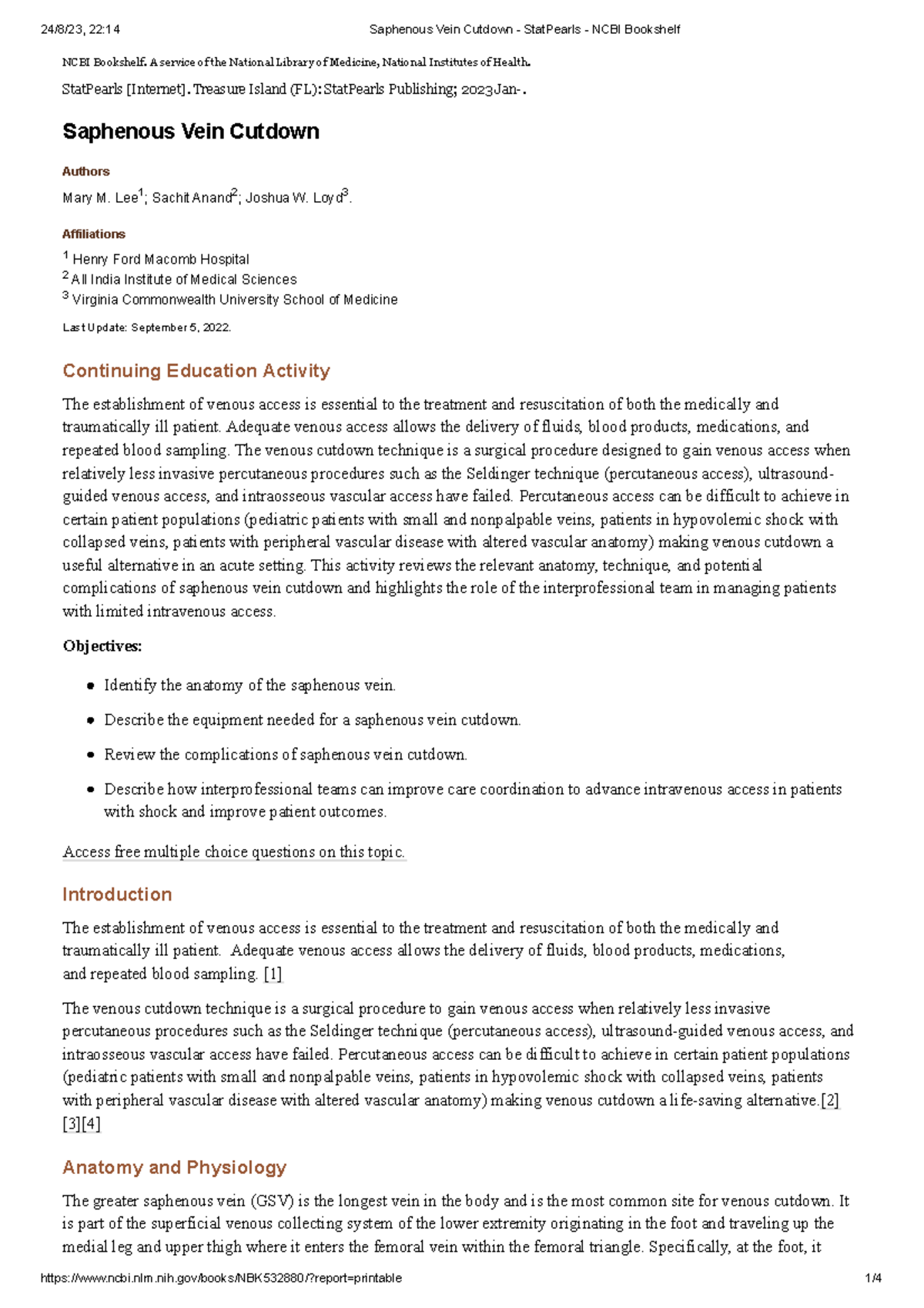 Saphenous Vein Cutdown - Stat Pearls - NCBI Bookshelf - NCBI Bookshelf ...