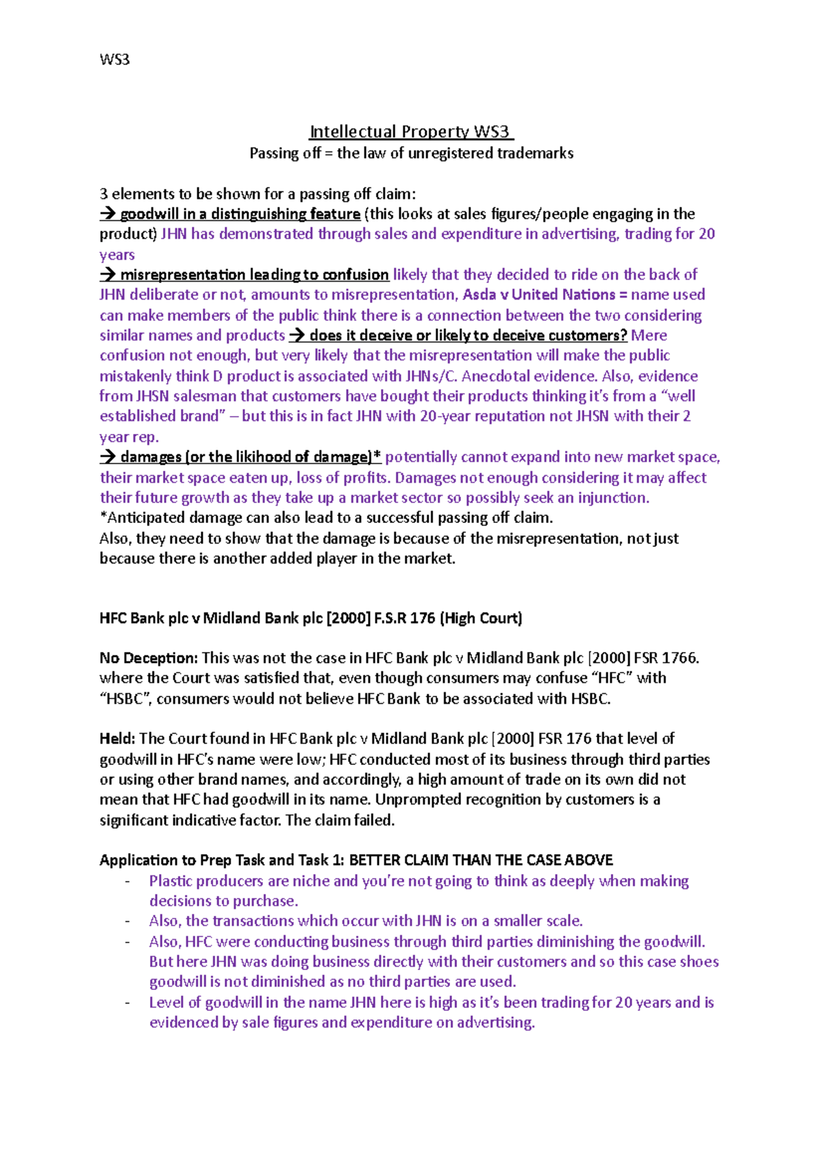 IP WS3 Tasks - Intellectual Property WS Passing off = the law of ...