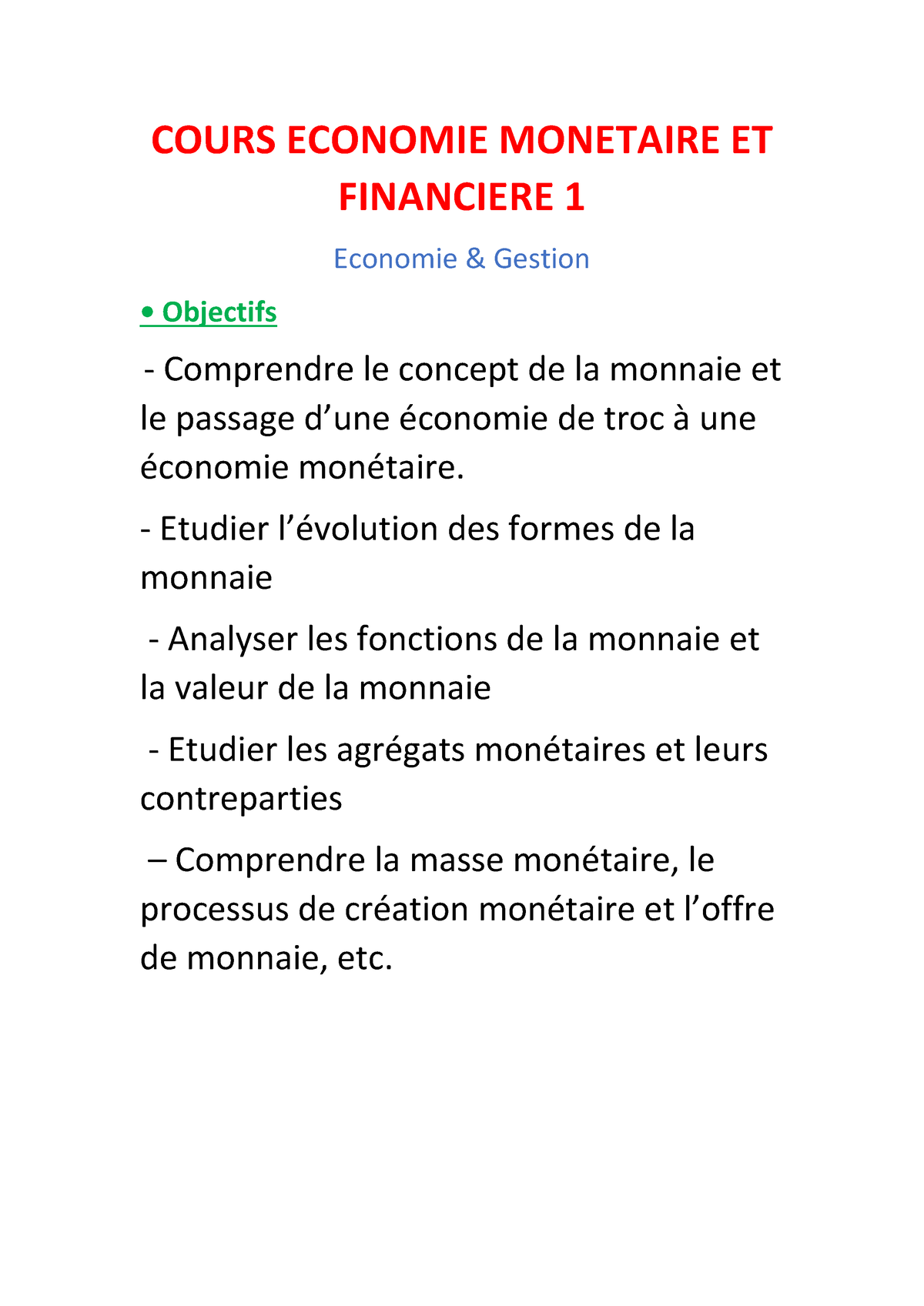 Cours Economie Monetaire ET Financière 1 (4) - COURS ECONOMIE MONETAIRE ...