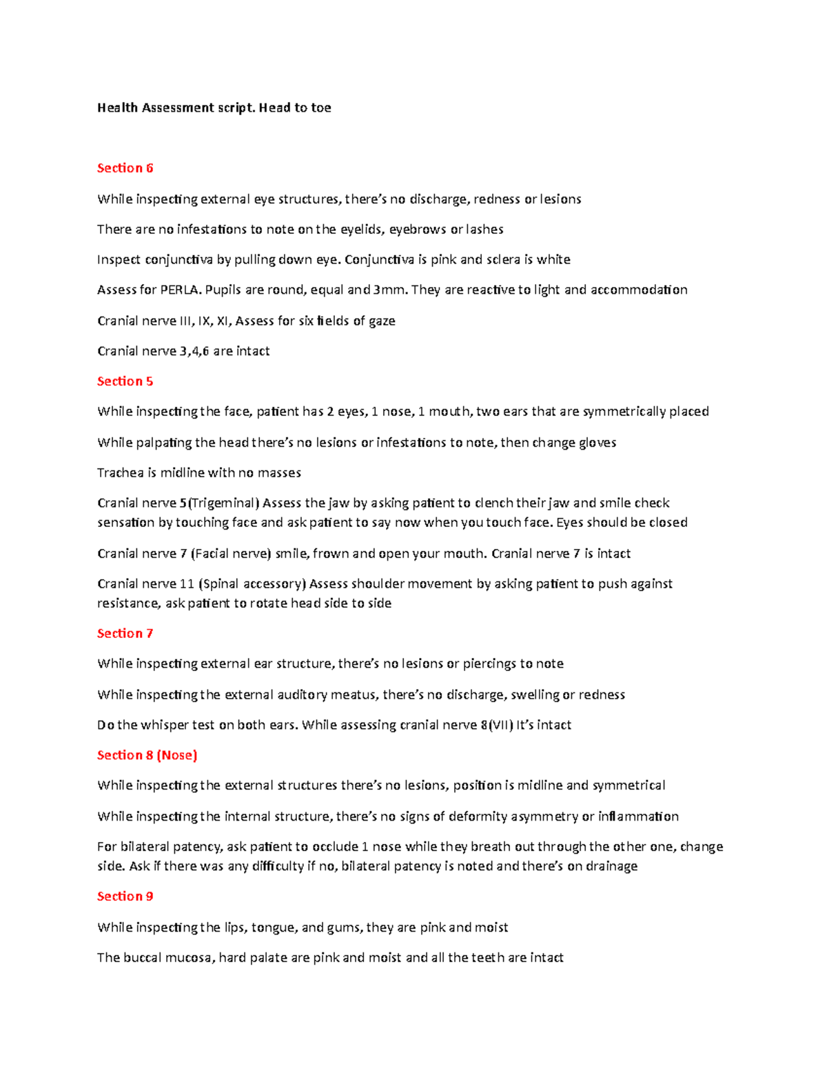 Head to toe script - Adult health - Health Assessment script. Head to ...