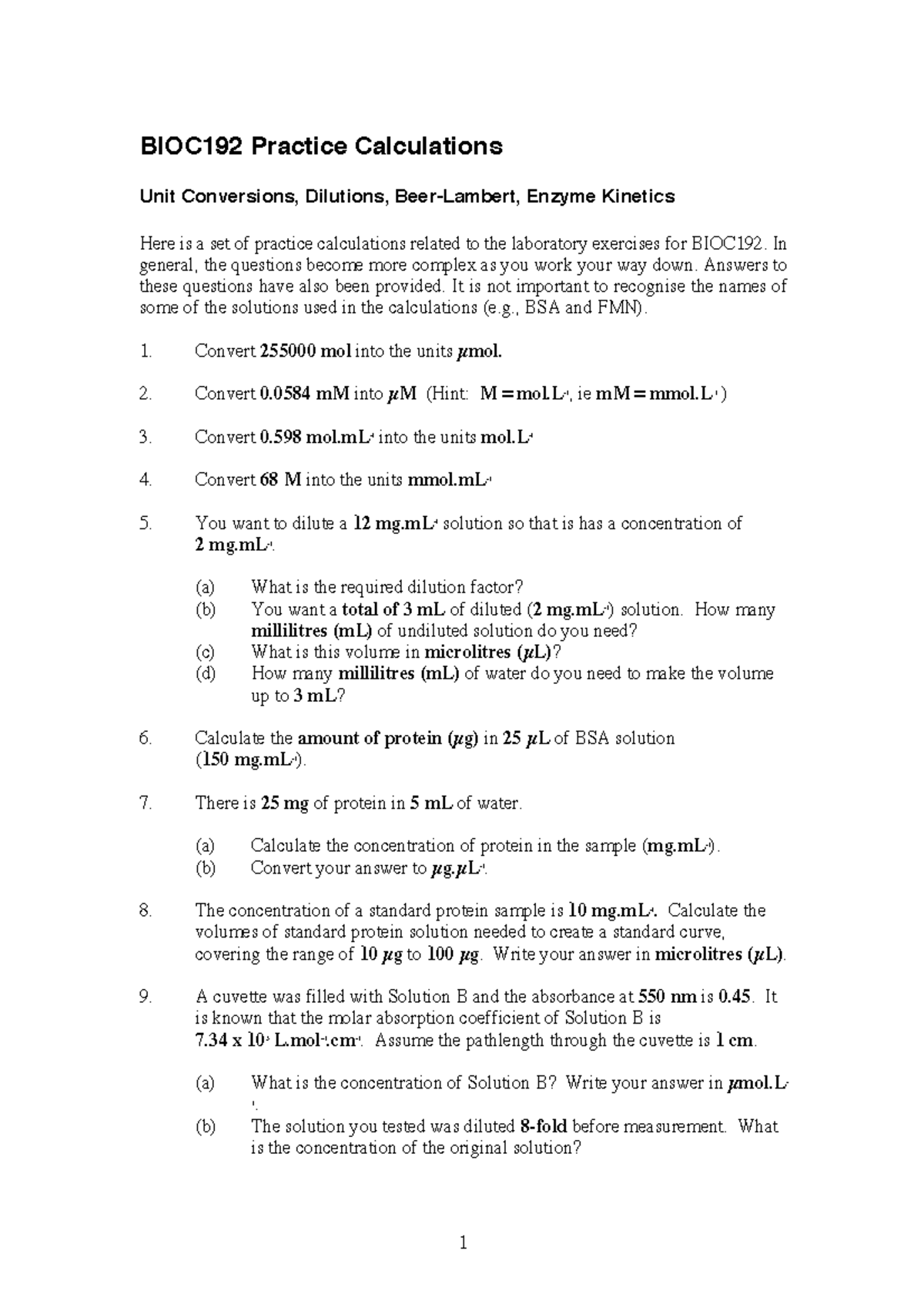 Practice calculations 2019 - 1 BIOC192 Practice Calculations Unit ...