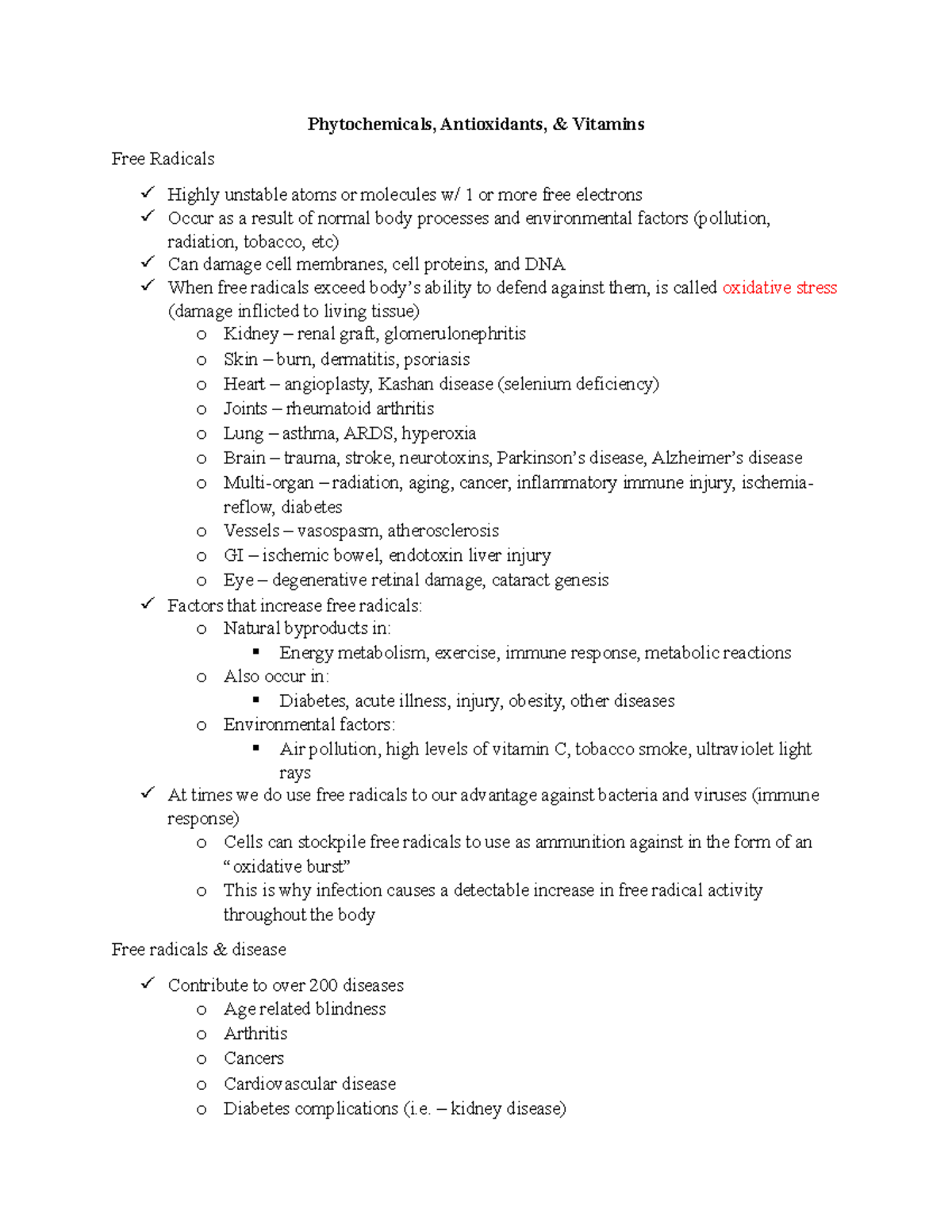 Nutrition notes (last exam) Phytochemicals, Antioxidants, & Vitamins