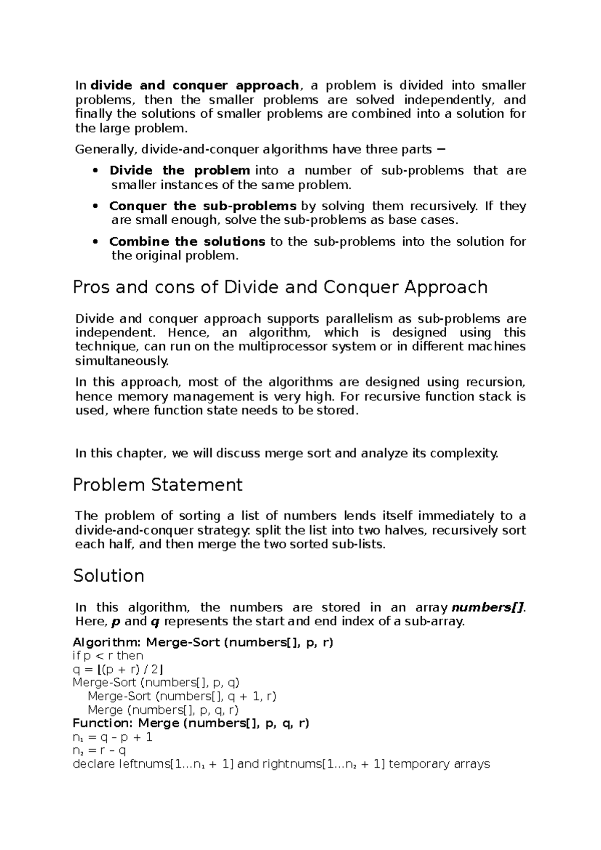 Daa notes 2 - daa - In divide and conquer approach , a problem is ...