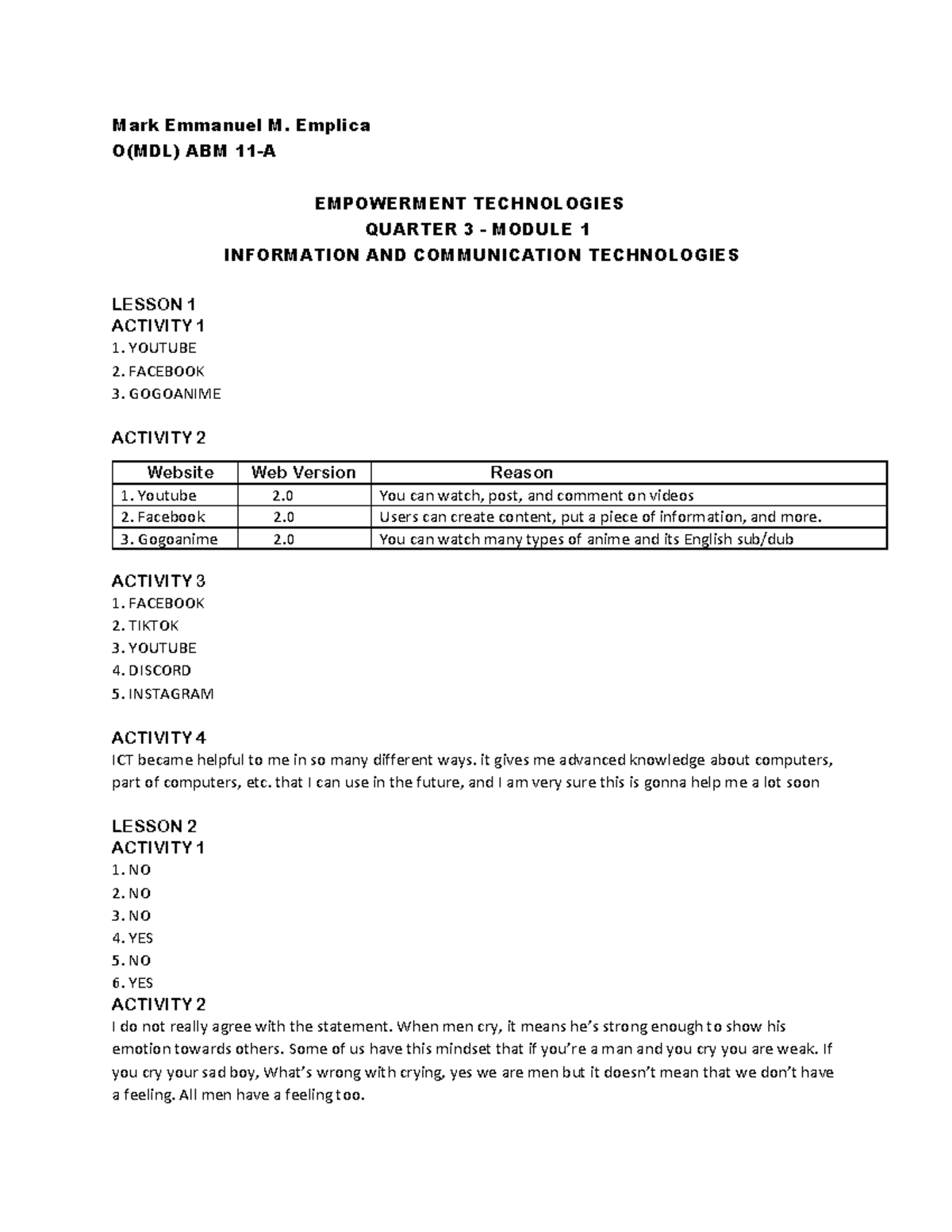 Empowerment Module 1 SDADSA - Mark Emmanuel M. Emplica O(MDL) ABM 11-A ...