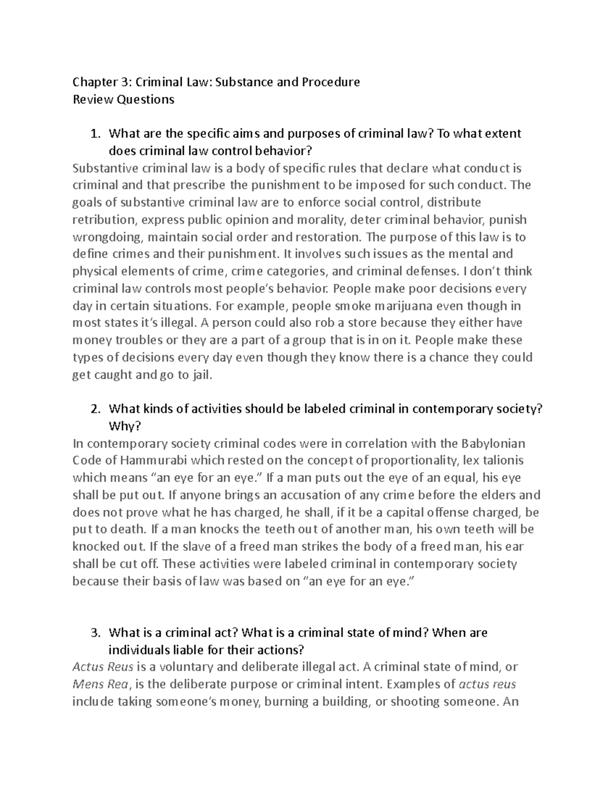 Chapter 3 intro to cj homework questions - Chapter 3: Criminal Law ...