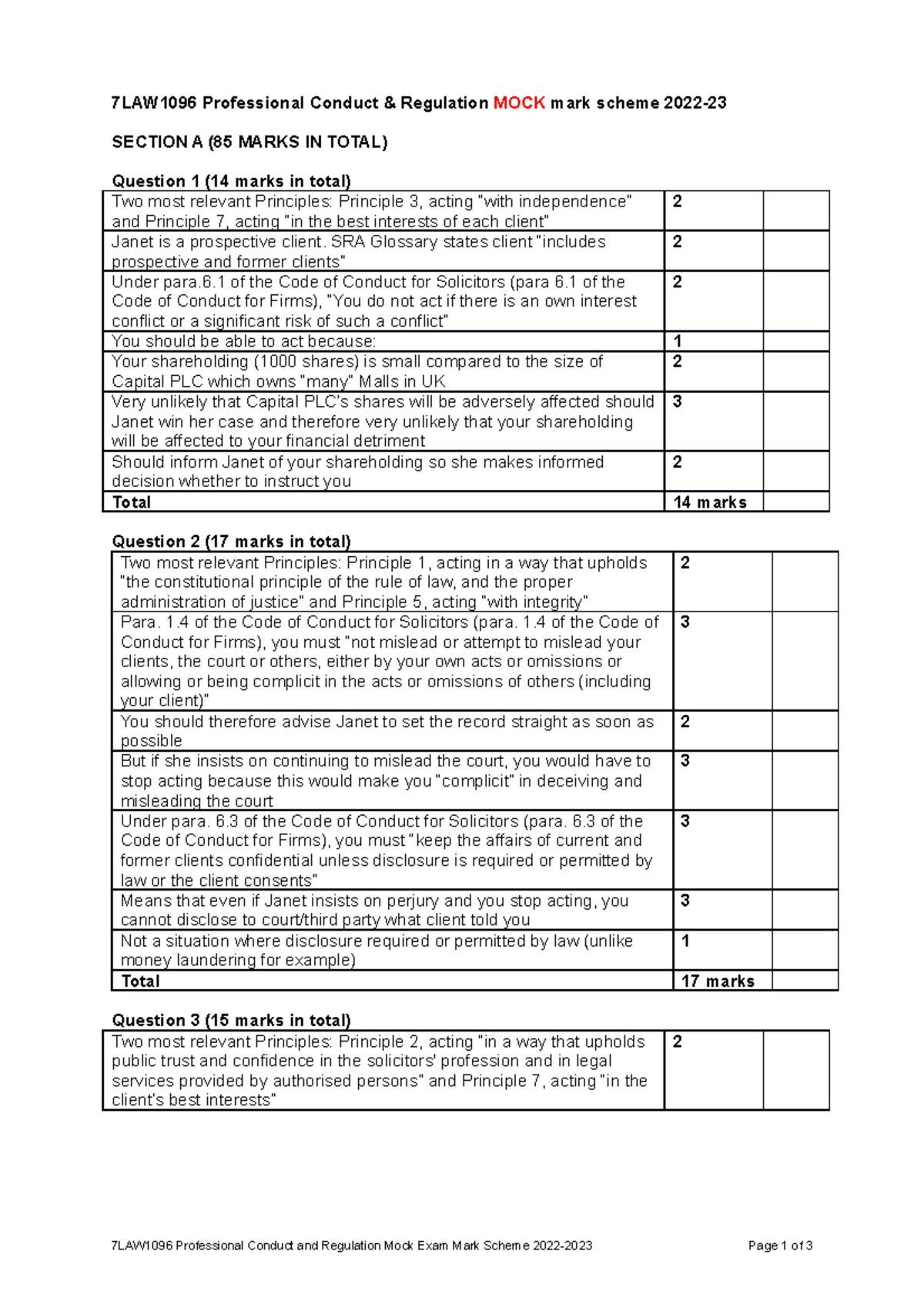 PCR Mock Exam Mark Scheme 2022-23 - 7LAW1096 Professional Conduct ...