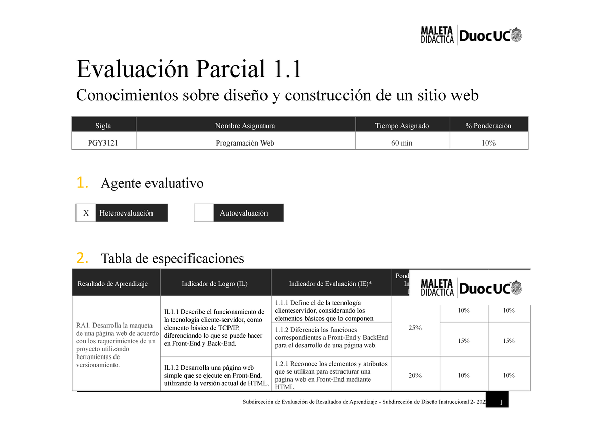 PGY3121 Tabla De Especificaciones Parcial 1.1 - Prueba De Conocimientos ...