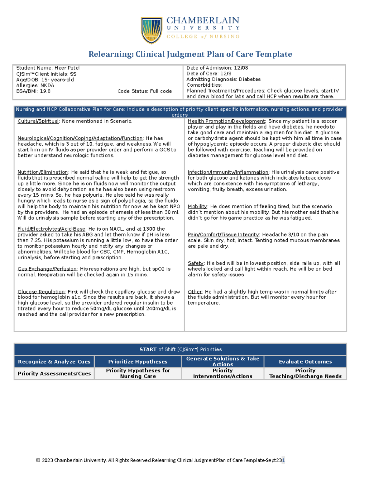 Diabetes Plan of Care - plan. of care - Student Name: Heer Patel CJSim ...