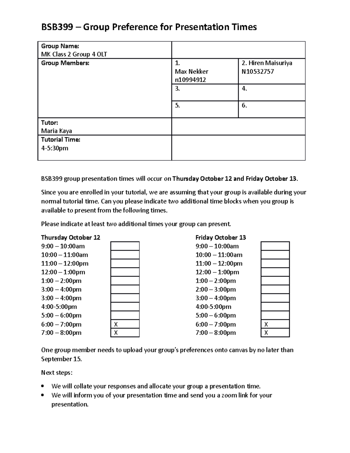 BSB399 - Sem 2 - Group Presentation Time Preference Form - BSB399 ...