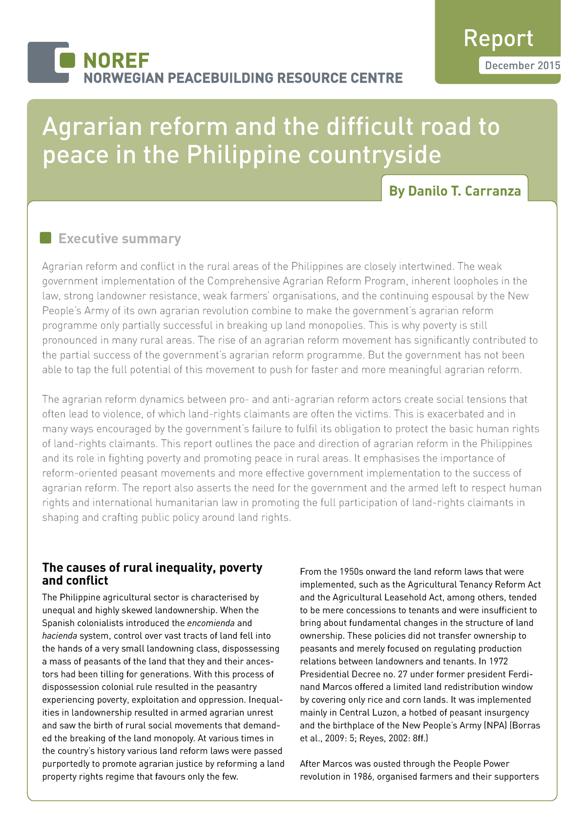 Carranza Noref Agrarian reform and the difficult road to peace in the ...