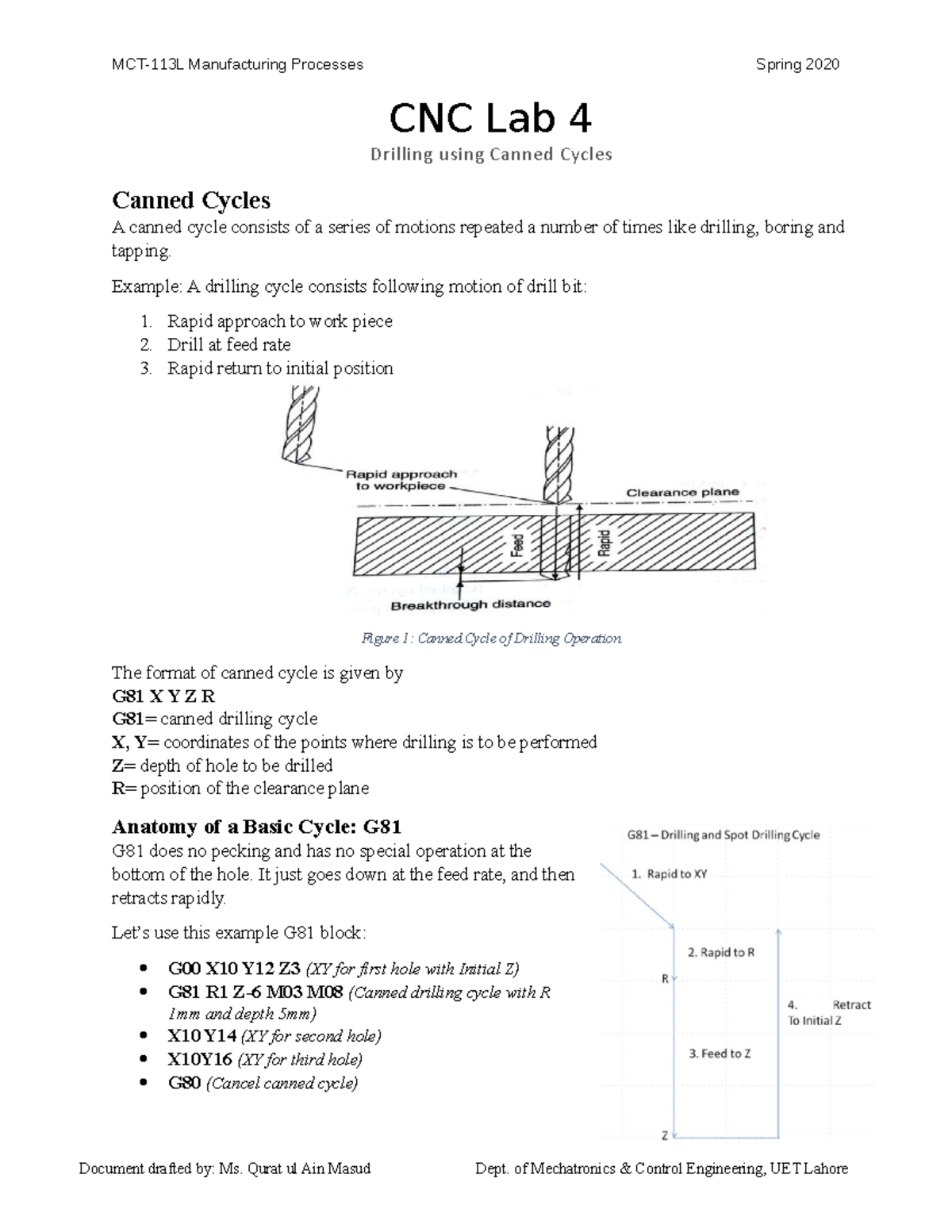 cnc LAB4 gcode CNC Lab 4 Drilling using Canned Cycles Canned Cycles