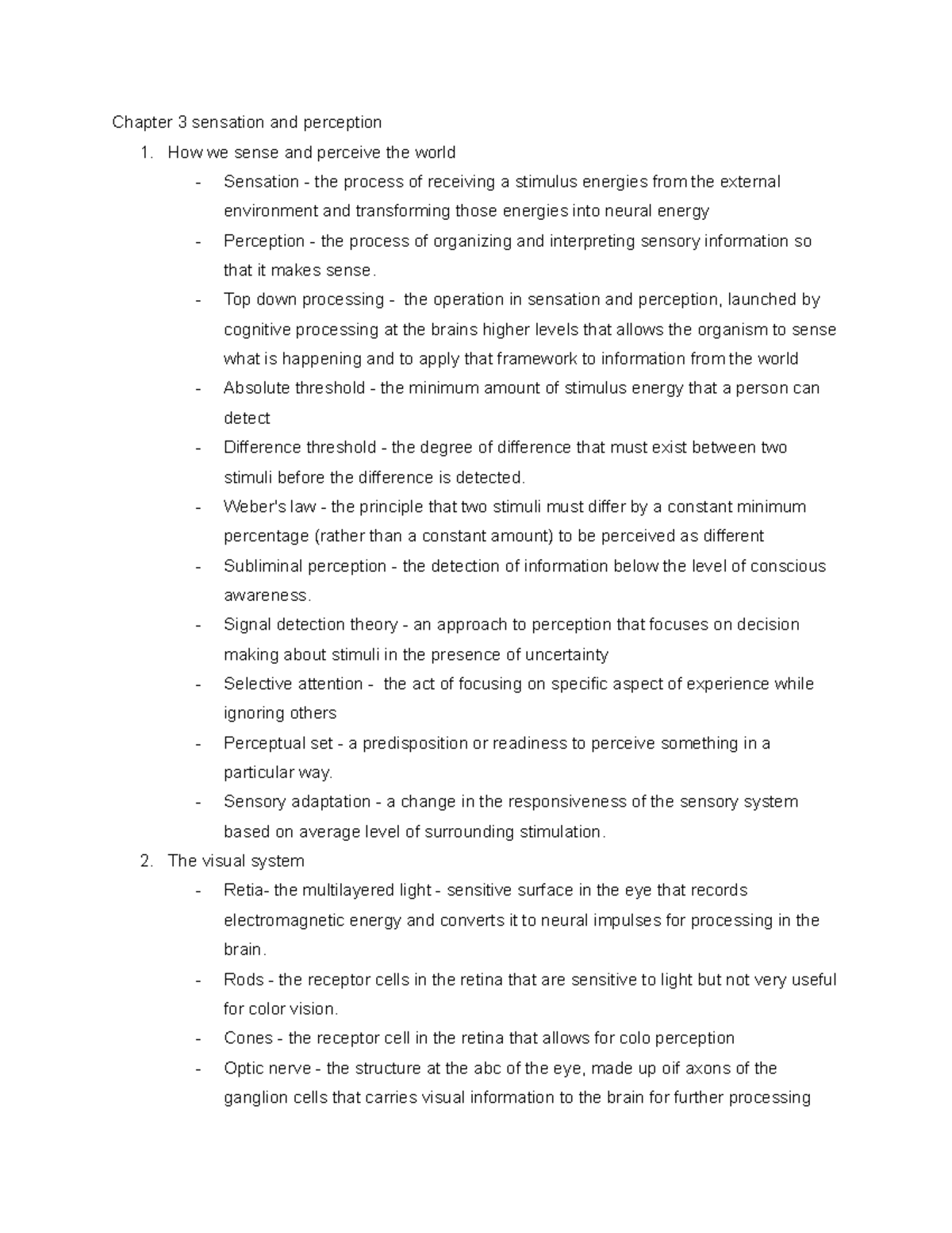 Psyscology chapter 3 notes - Chapter 3 sensation and perception 1. How ...