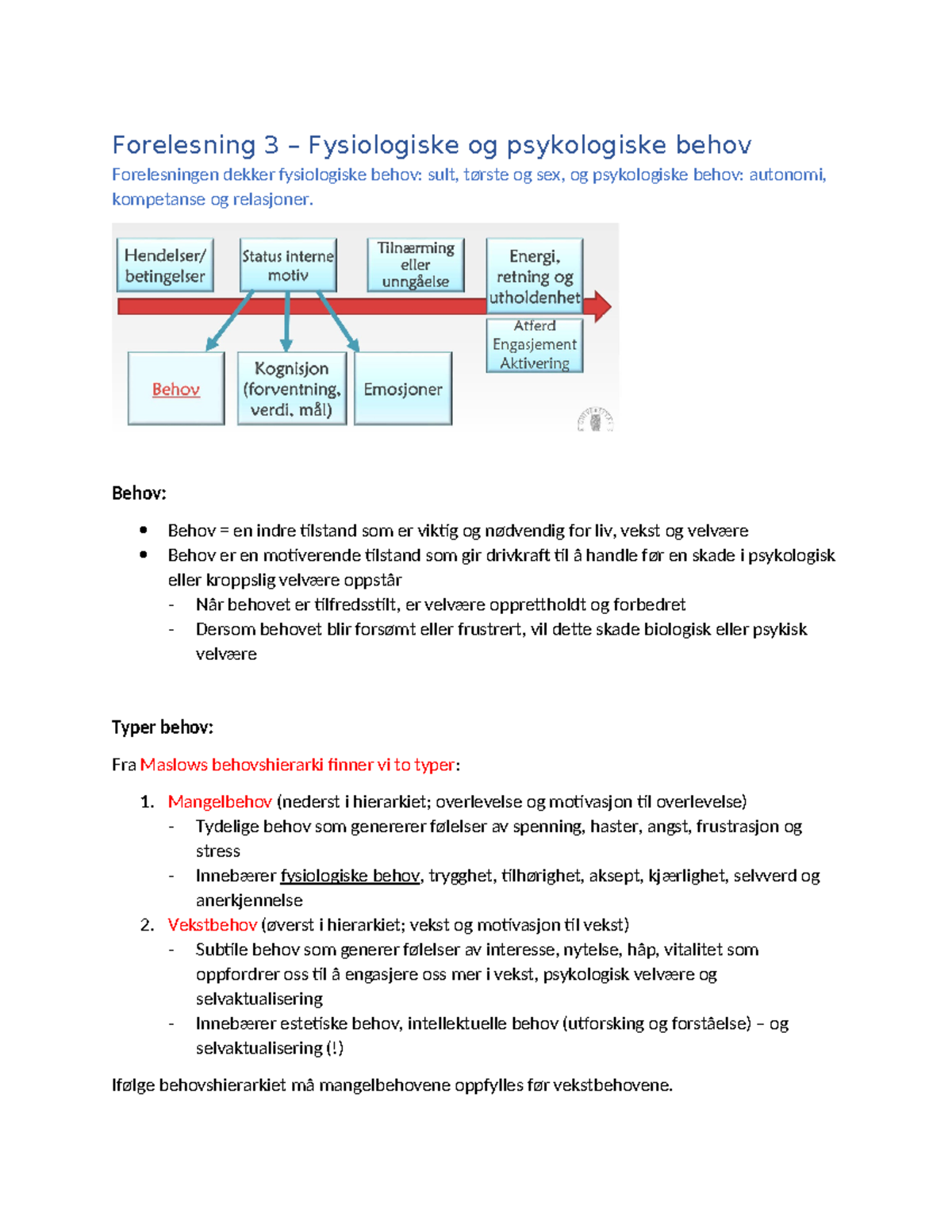 Forelesning 3 - Fysiologiske Og Psykologiske Behov - Forelesning 3 ...