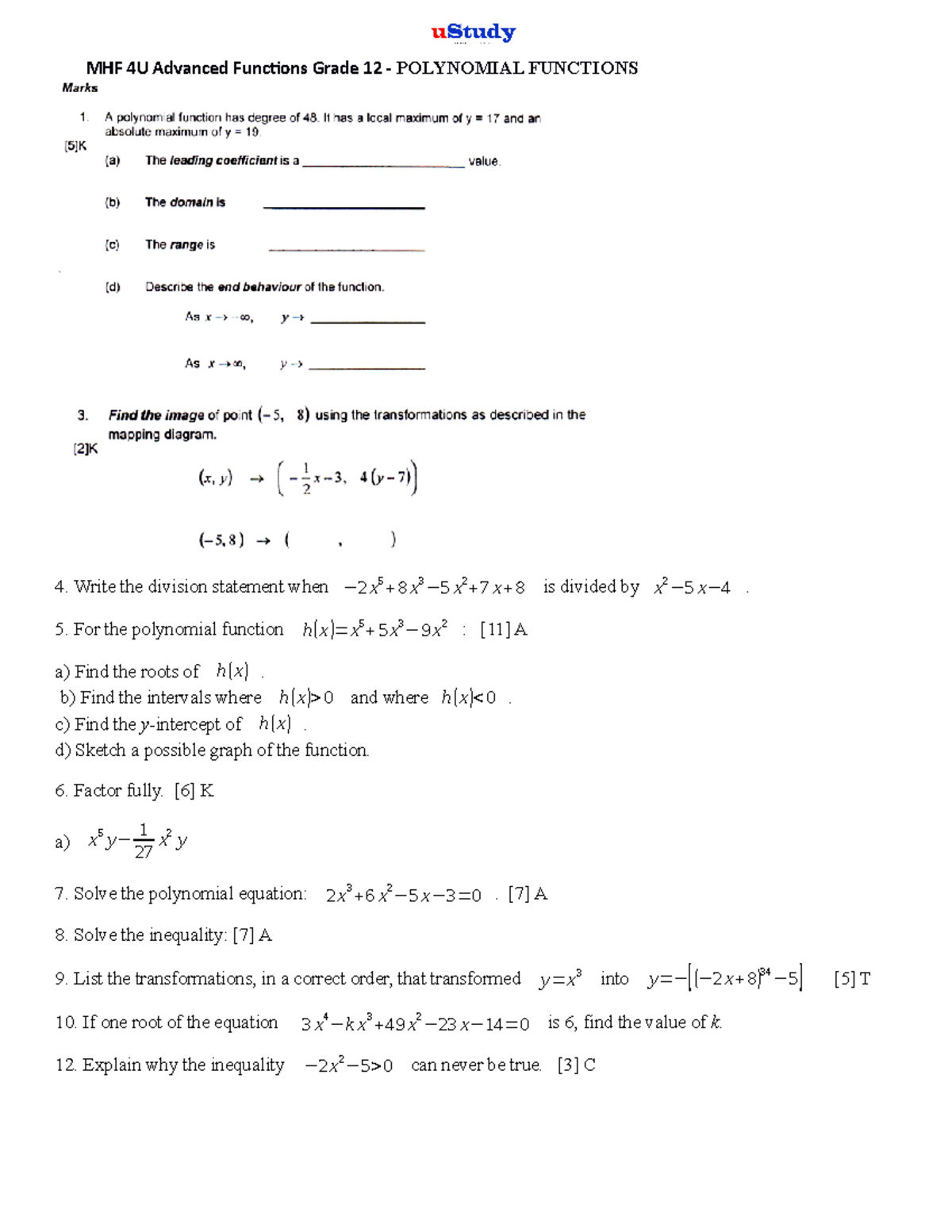 Test 2 - MHF 4U Advanced Functions Grade 12 - POLYNOMIAL FUNCTIONS ...