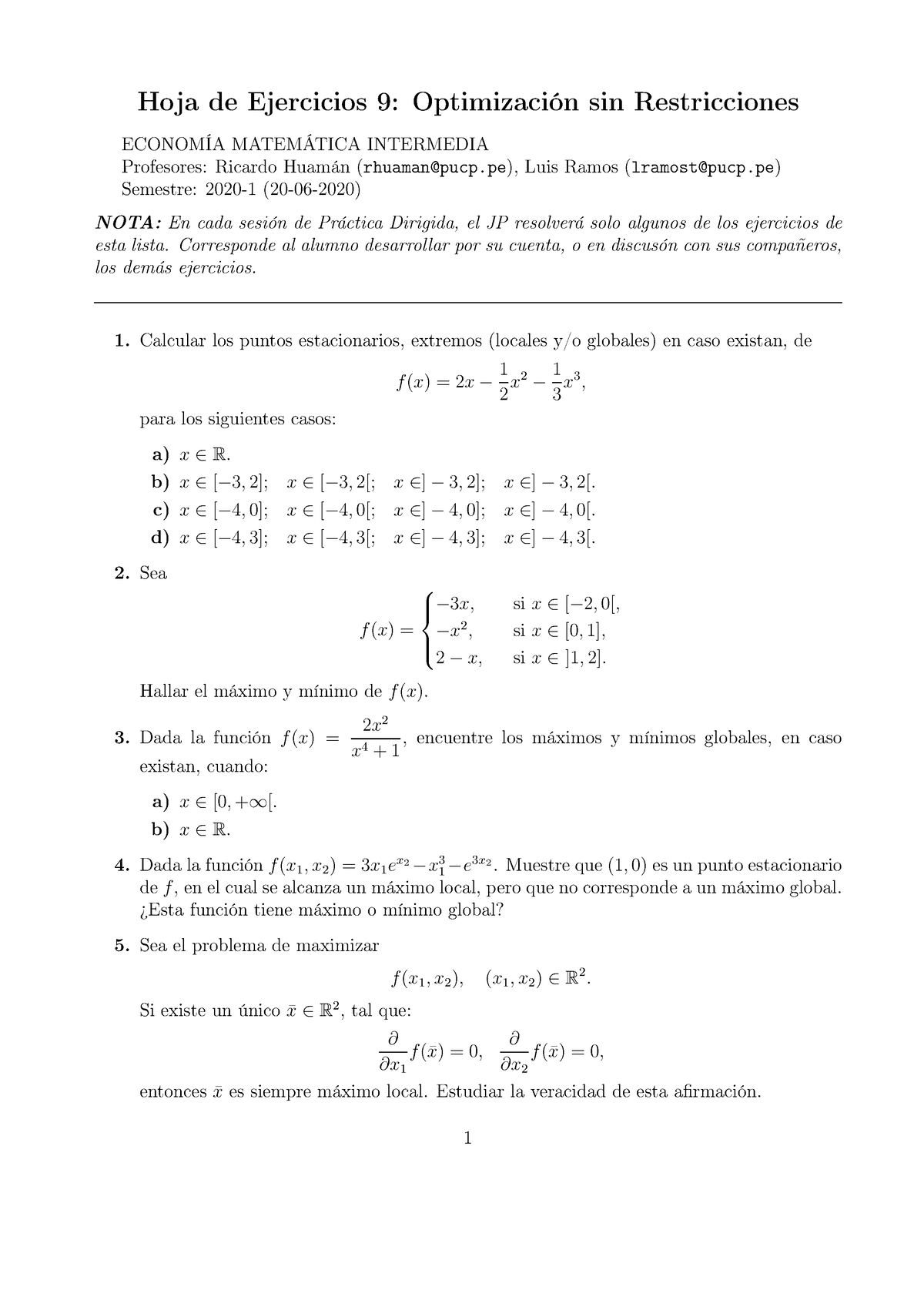 EMI Ejercicios 9 Optimizaci N Sin Restricciones - Hoja De Ejercicios 9 ...