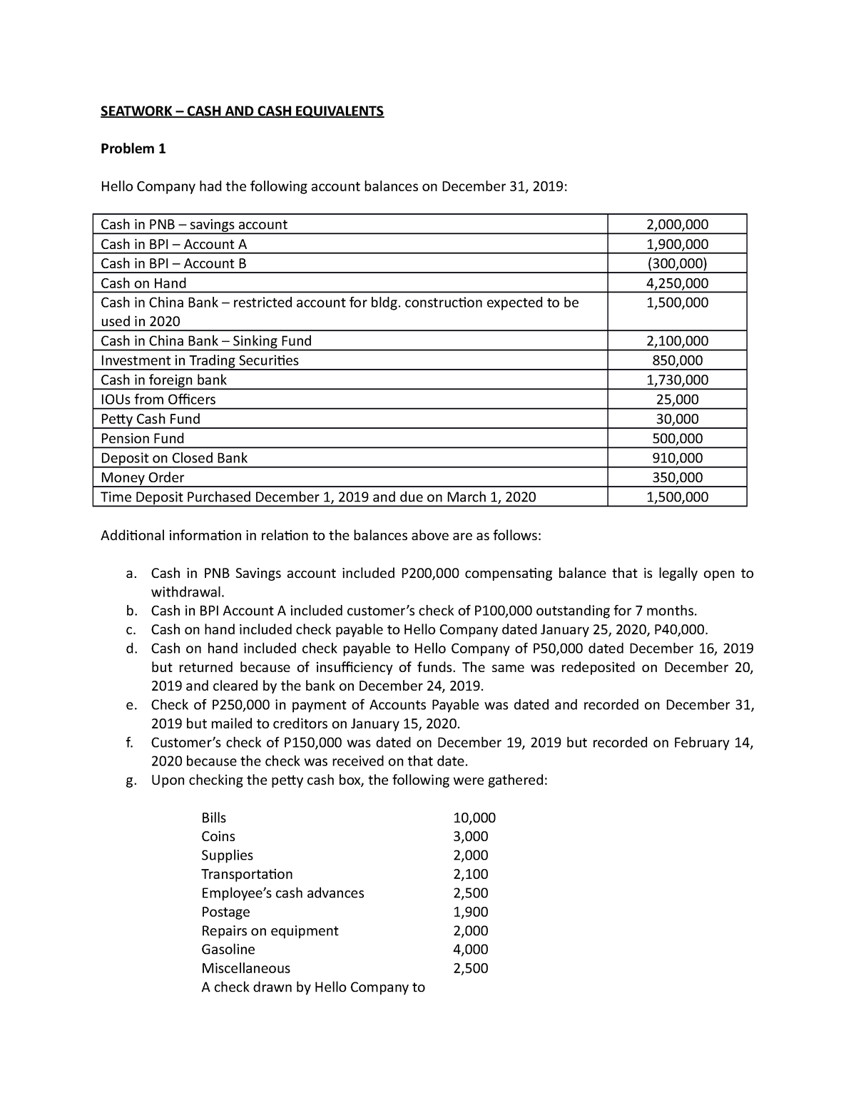 SW1 Cash And Cash Equivalents - SEATWORK – CASH AND CASH EQUIVALENTS ...