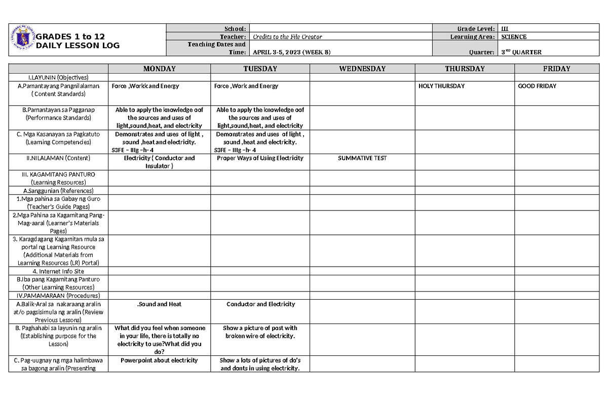 DLL Science 3 Q3 W8 - the - GRADES 1 to 12 DAILY LESSON LOG School ...
