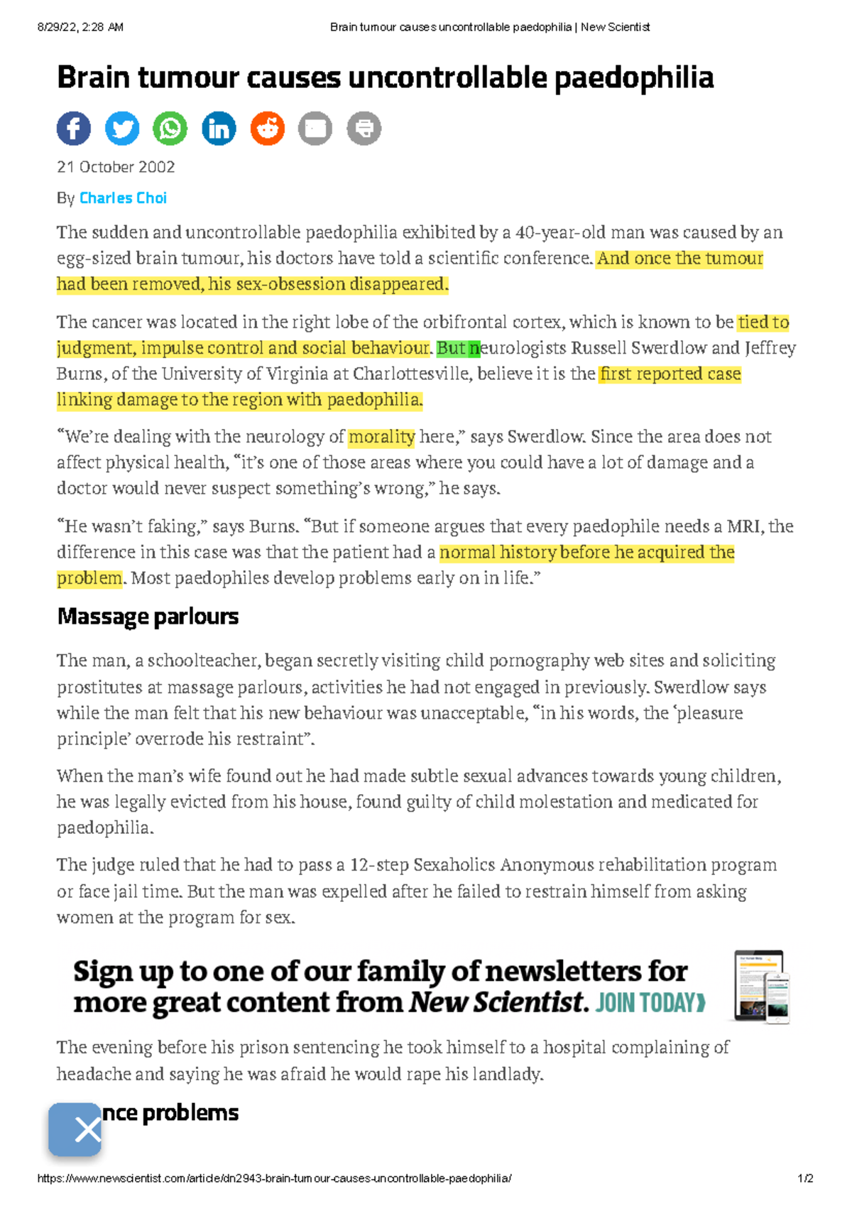 Brain tumour causes uncontrollable paedophilia New Scientist - 8/29/22 ...