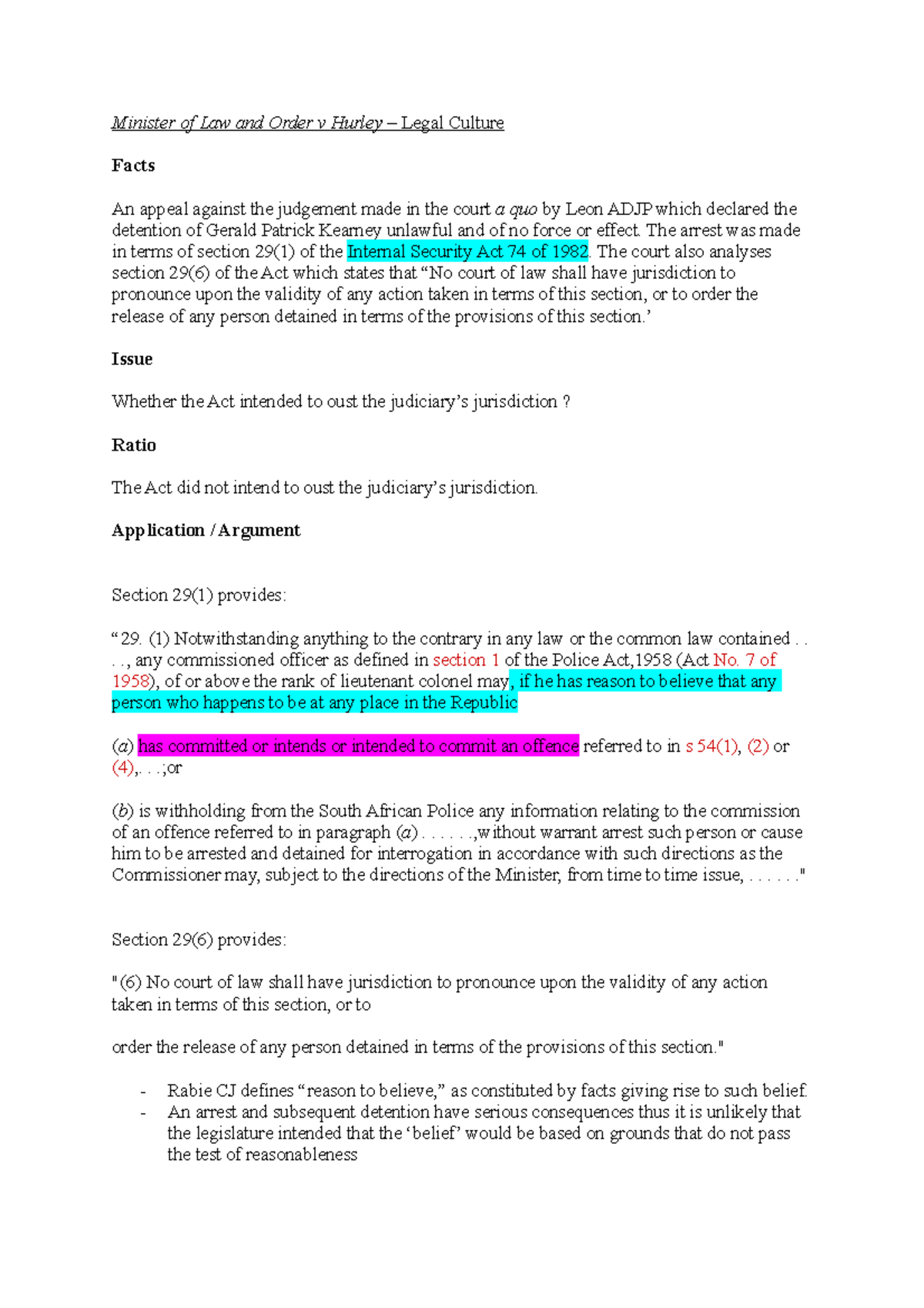 Case Summaries Minister of Law and Order v Hurley Minister of Law and Order v Hurley Legal