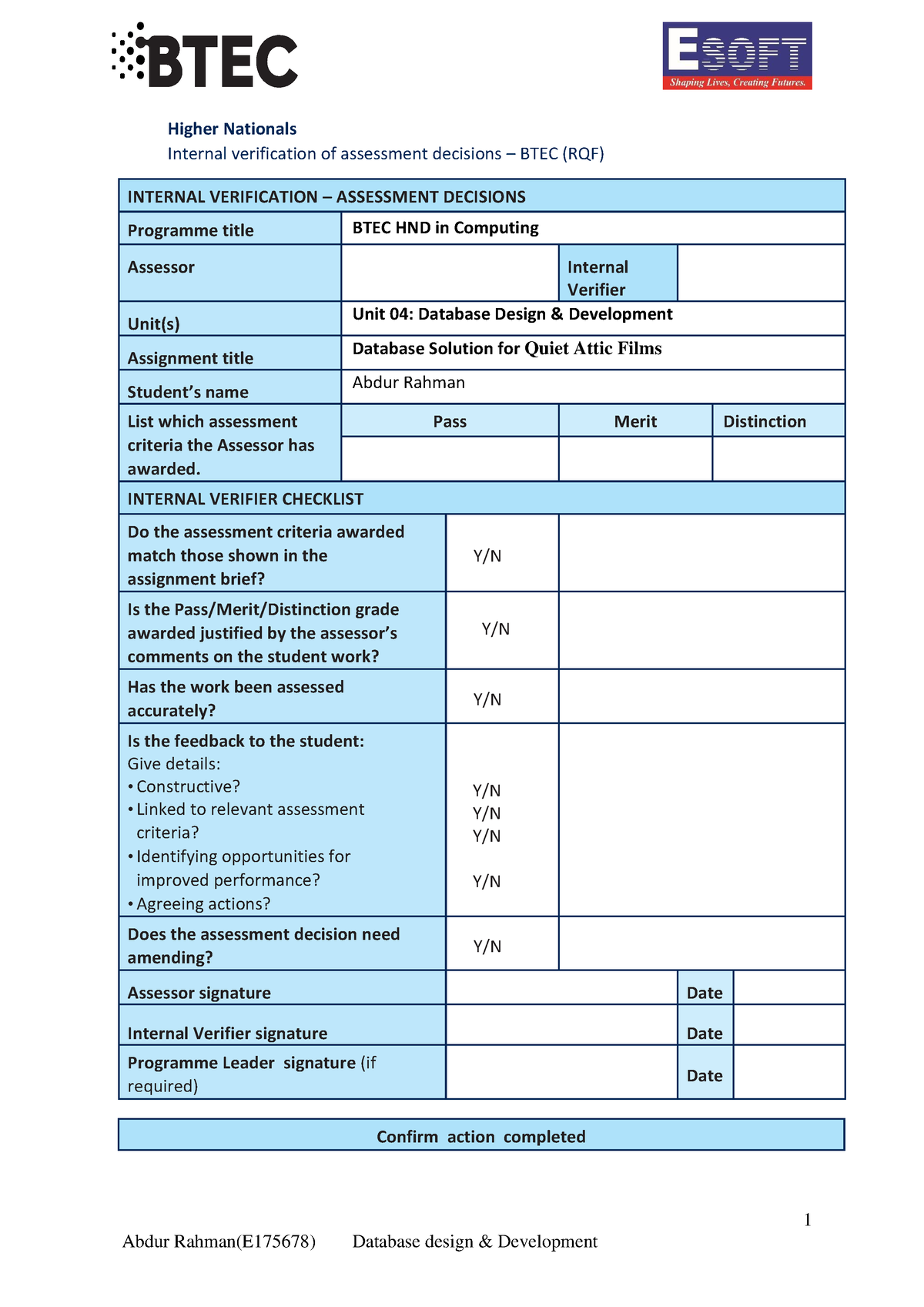 Unit 04 - Database design and Development Assignment - 1 Higher ...