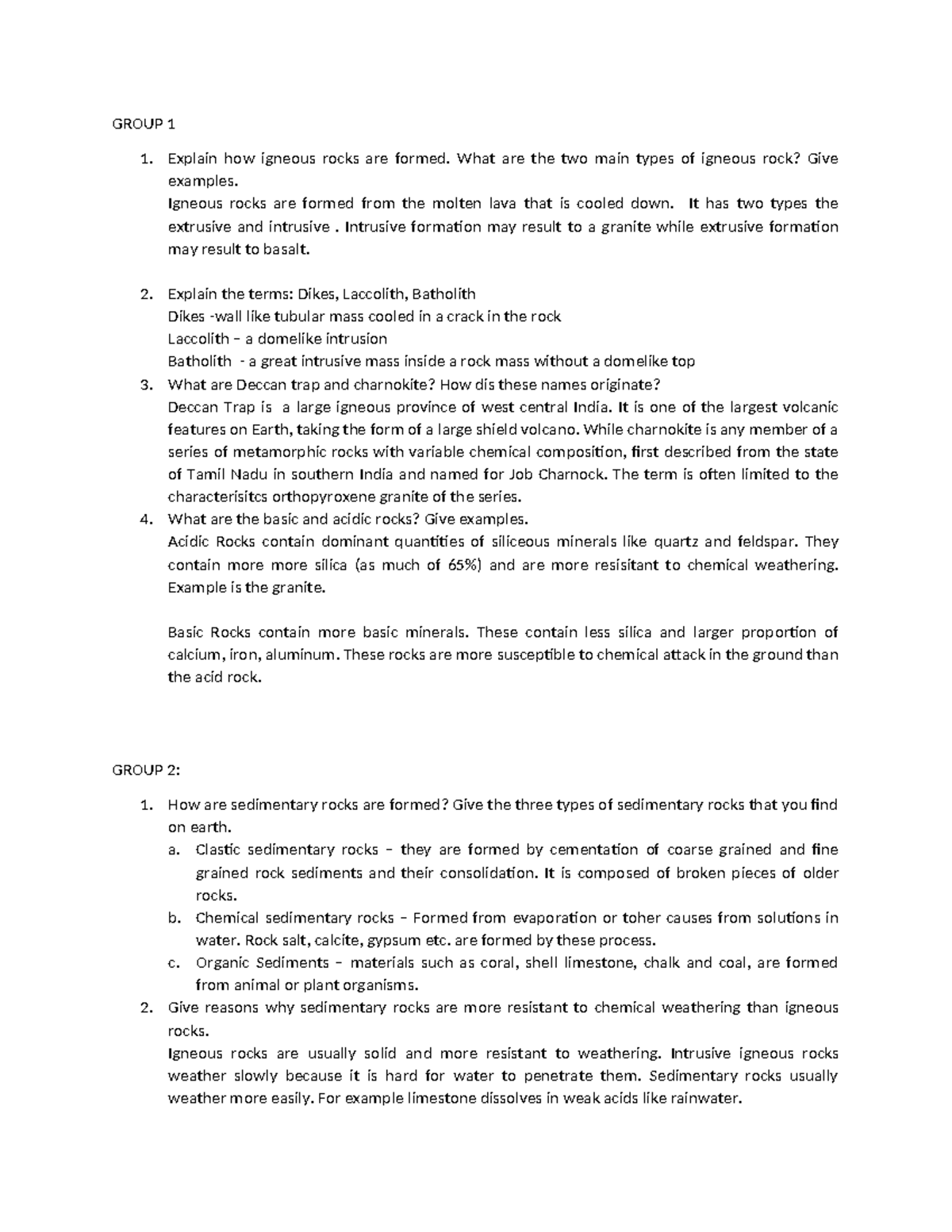 Group 1to3 answers - Notes - GROUP 1 Explain how igneous rocks are ...