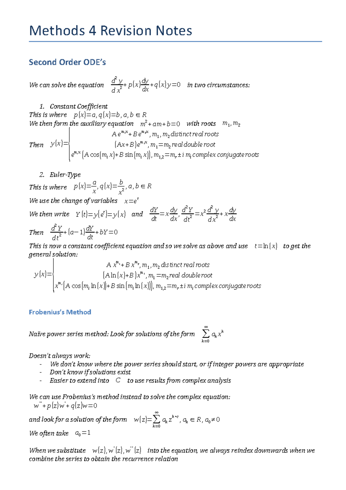 Methods 4 Revision Notes - Methods 4 Revision Notes Second Order ODE’s ...