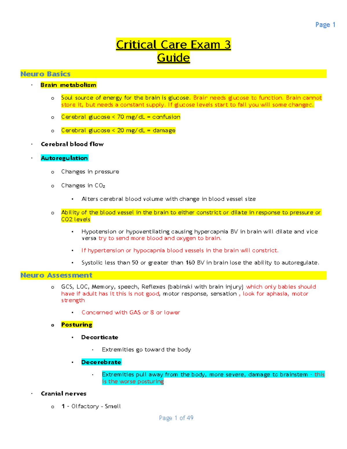 NR 340 Exam 3 study guide CC - Critical Care Exam 3 Guide Neuro Basics ...